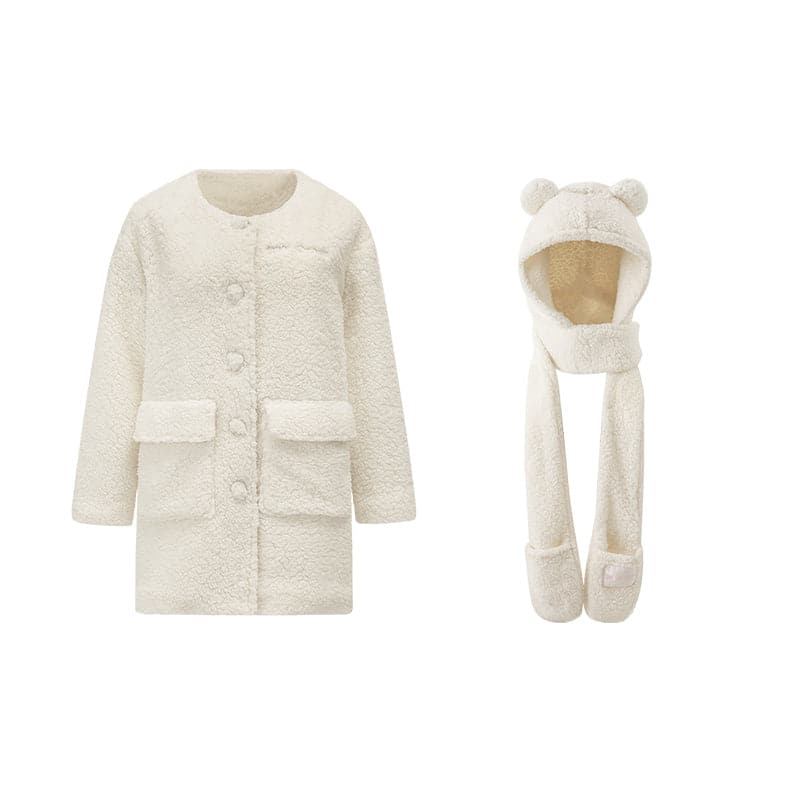 1Jinn Classic Regular Pajamas Set With Straight Cut Home Suit, Plush Jacket And Teddy Bear Ear Hat - chiclara