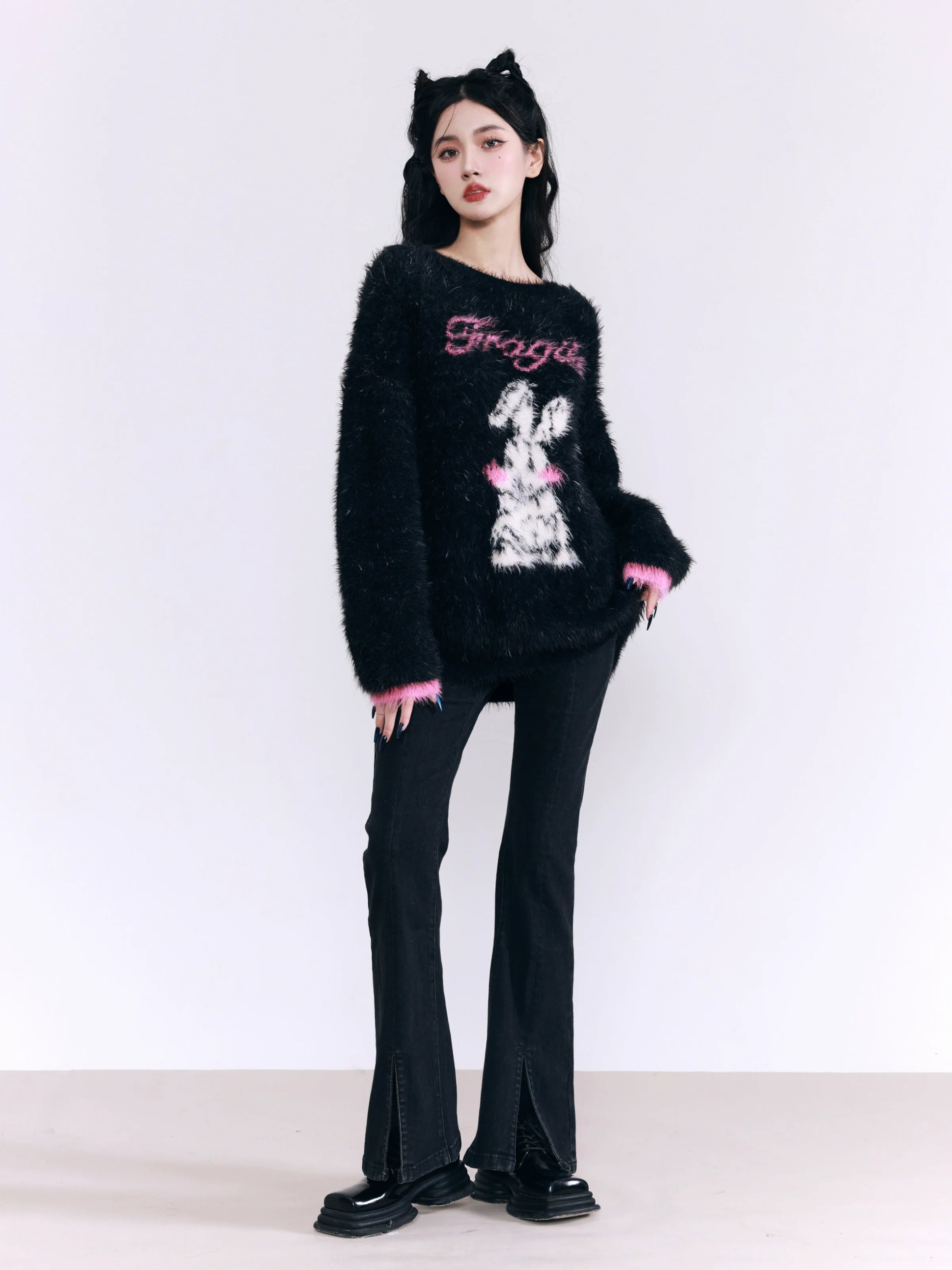 Fuzzy Bunny 'Fragile Heart' Sweater - Black and Pink Fluffy Graphic Jumper