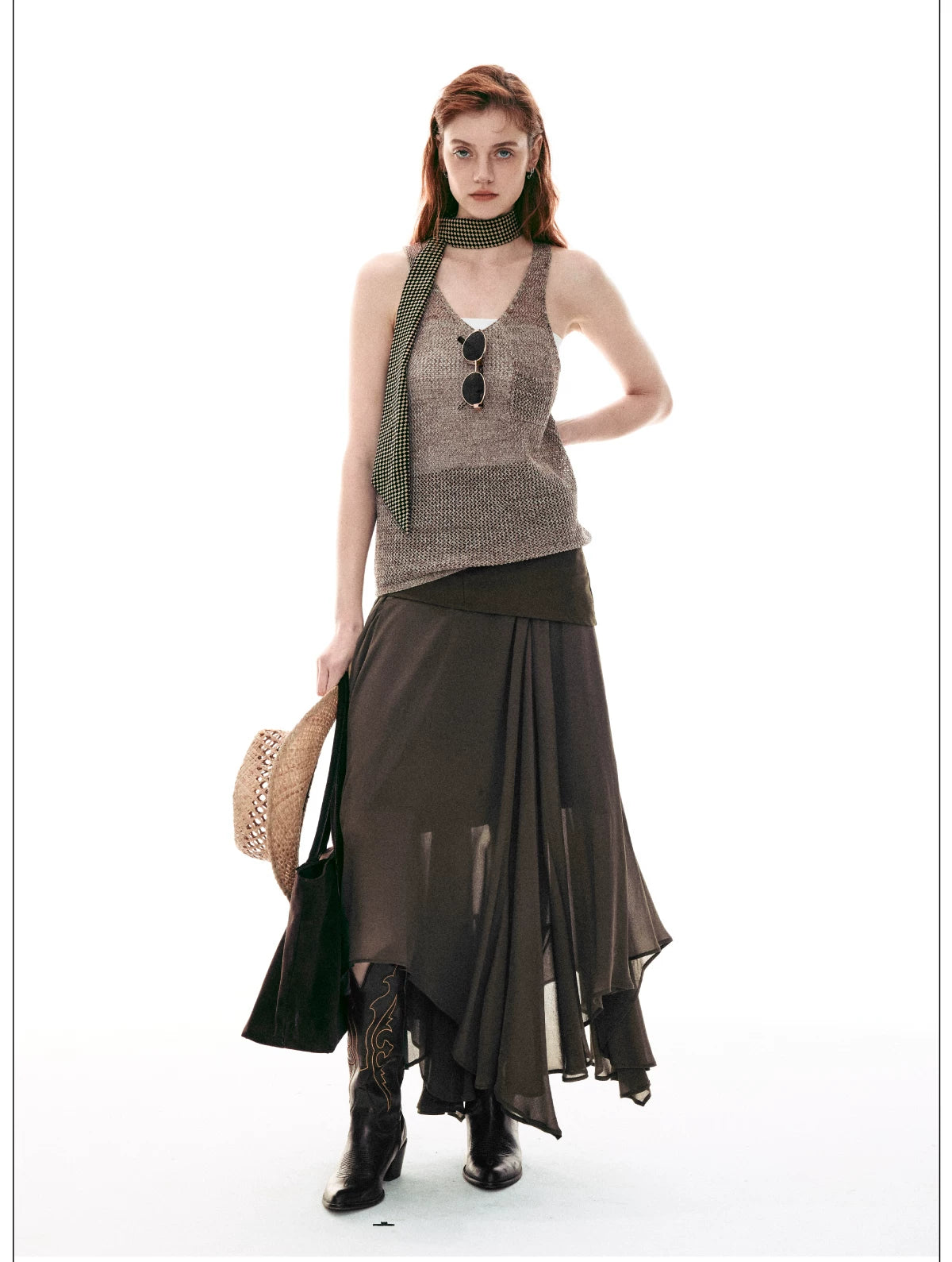 Desert Veil Asymmetric Pleated Midi Skirt