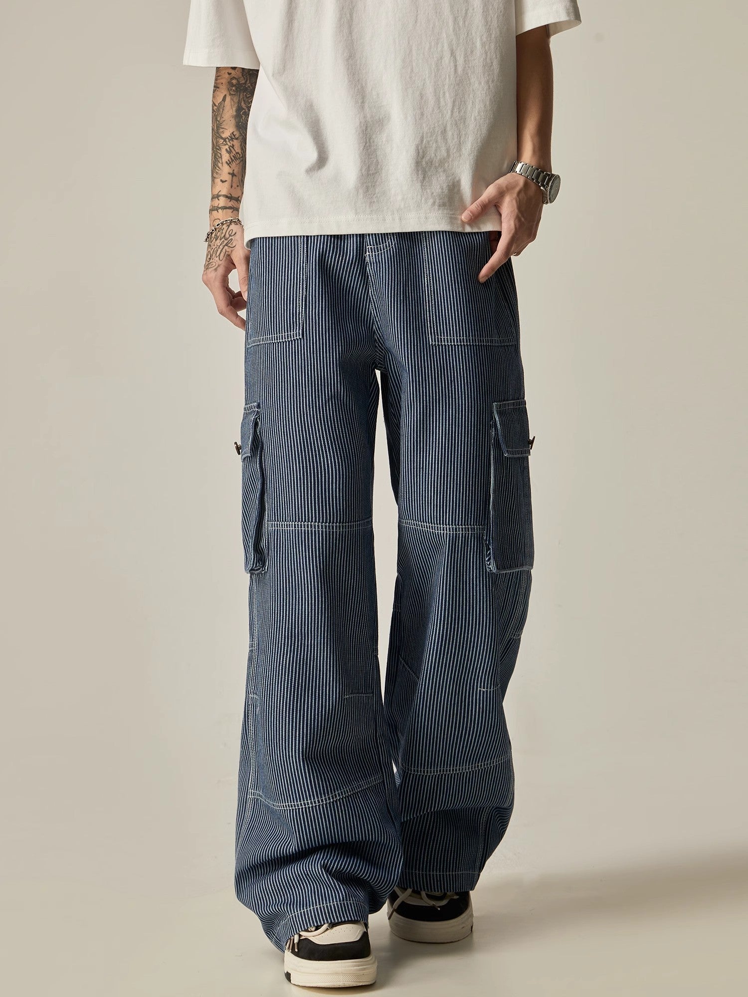 Pinstriped Wide-Leg Cargo Utility Pants