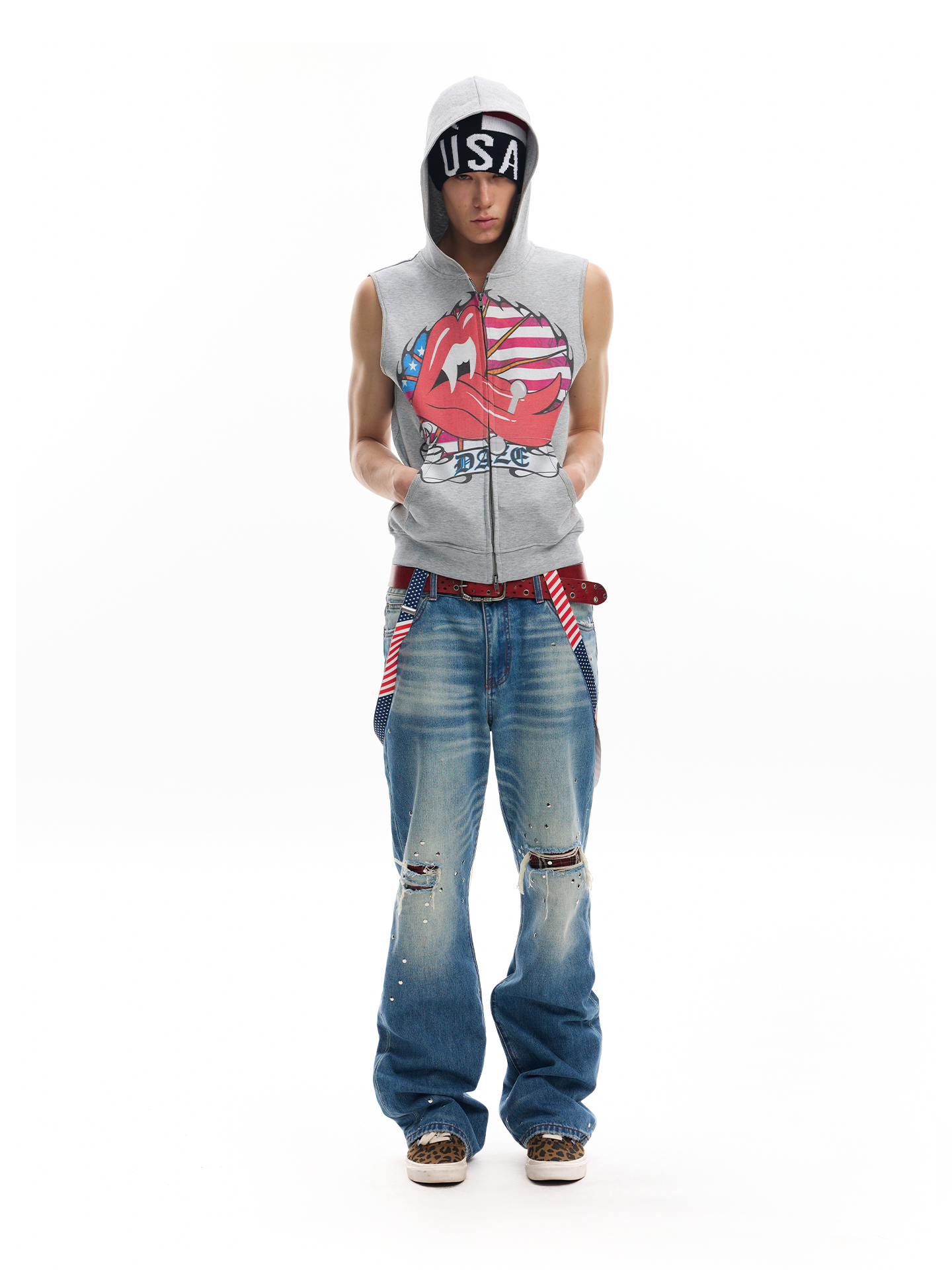 Studded Plaid‑Patch Light Wash Street Jeans