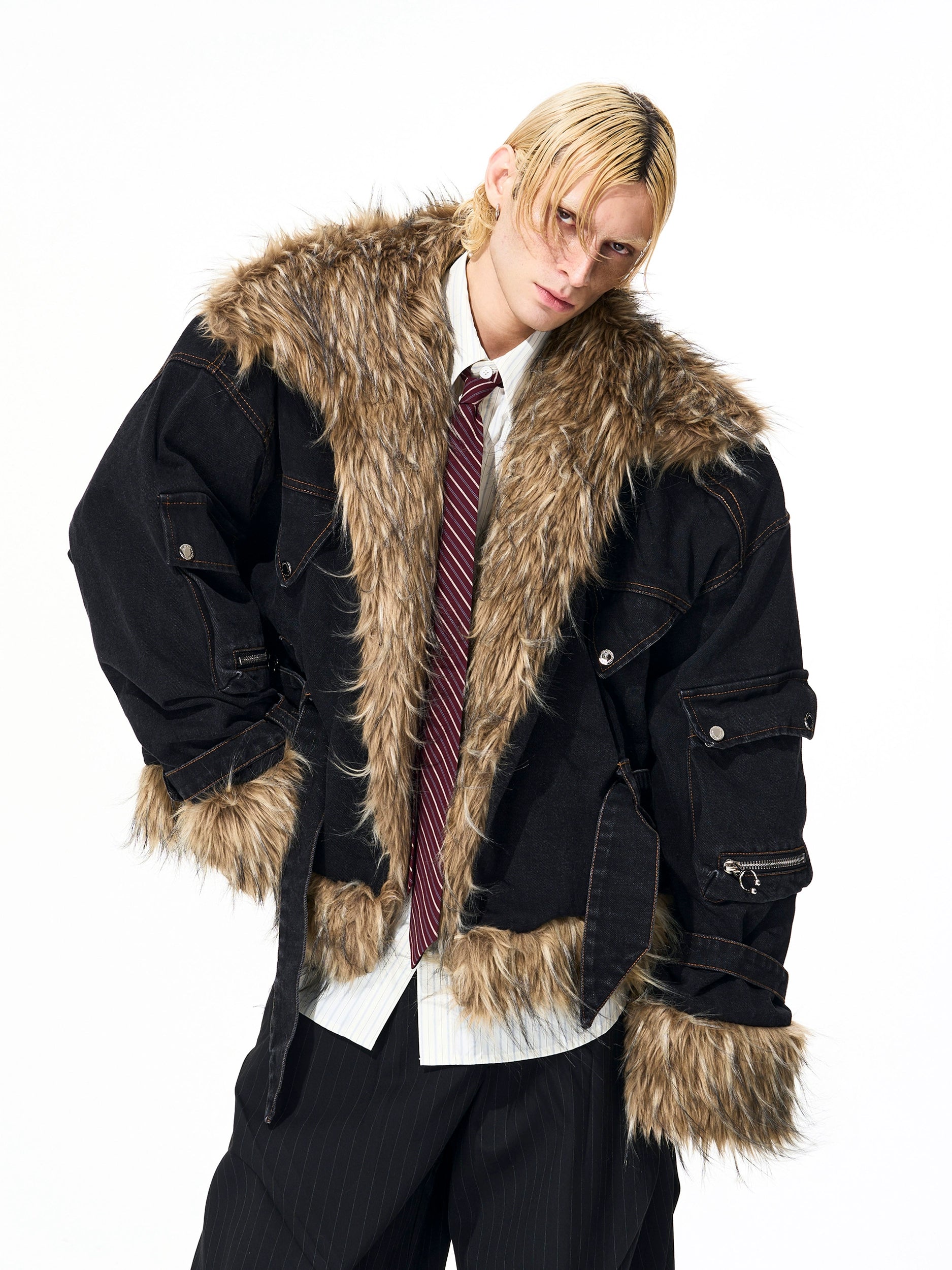 Black Denim Faux Fur Trim Belted Jacket