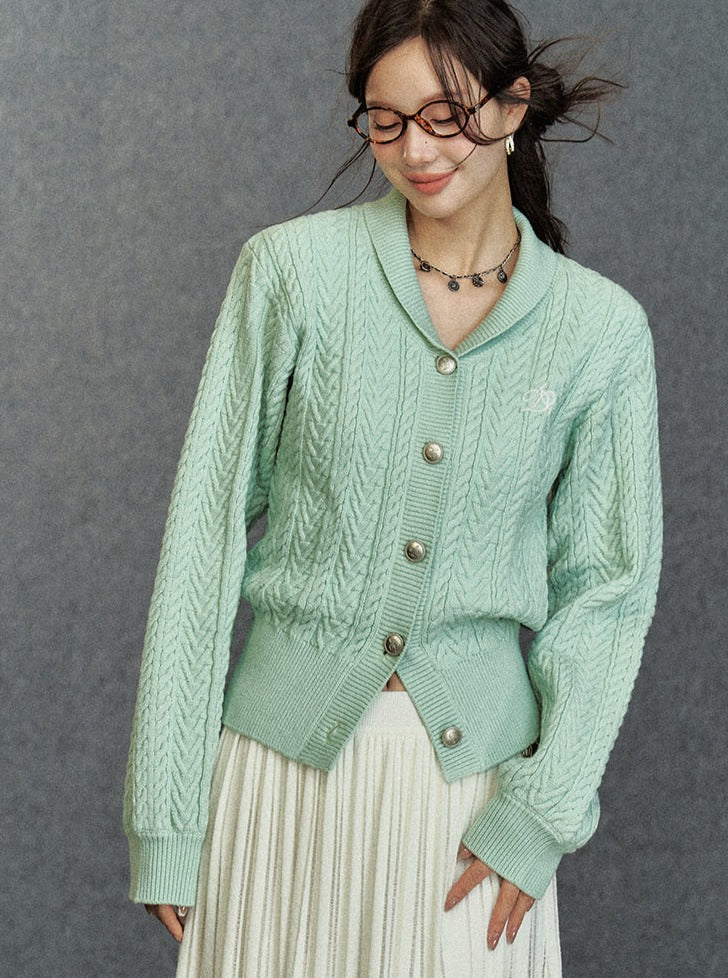 Cozy Cable Knit Cardigan: Classic V-Neck Button-Up Sweater with Embroidered Logo