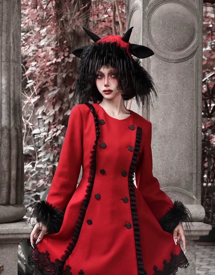 Crimson Faux Fur Trim Gothic Coat Dress