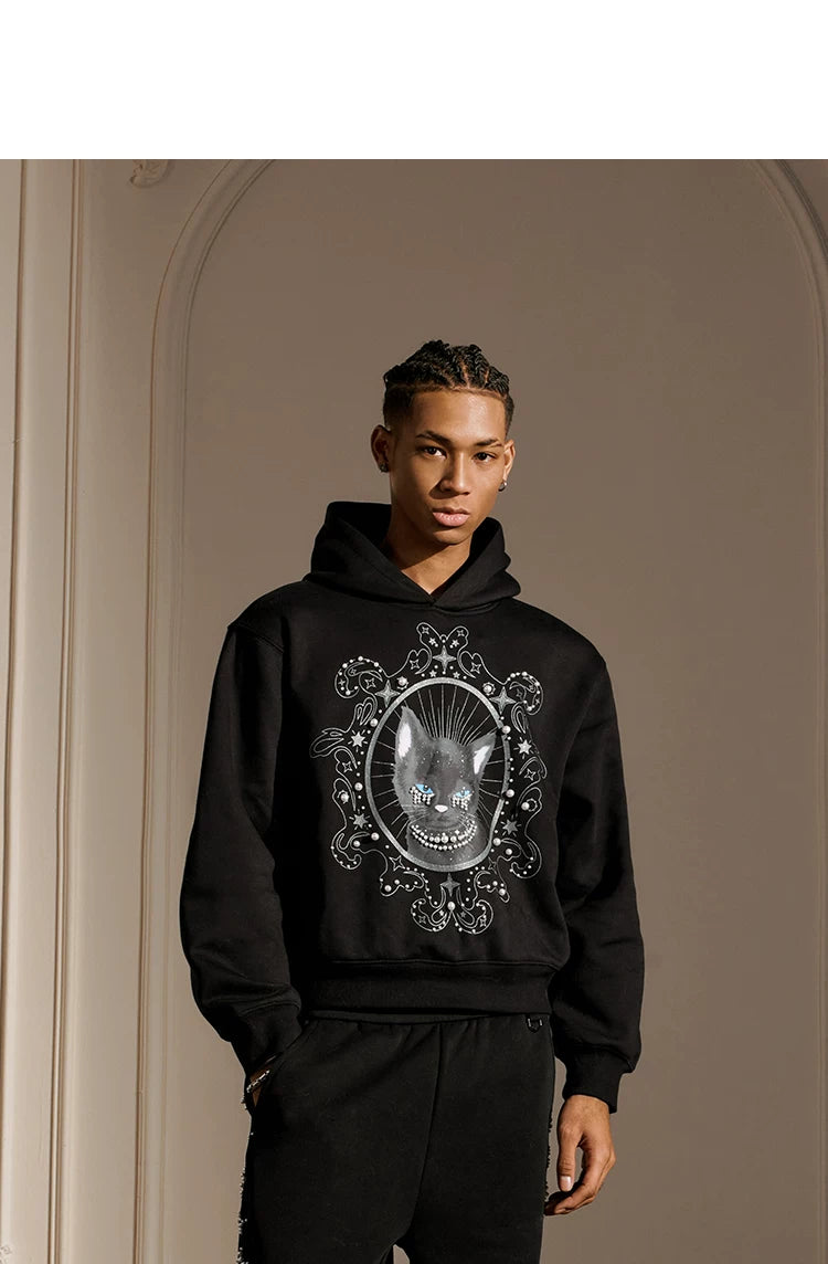 Pearl Embellished Mystic Cat Graphic Hoodie