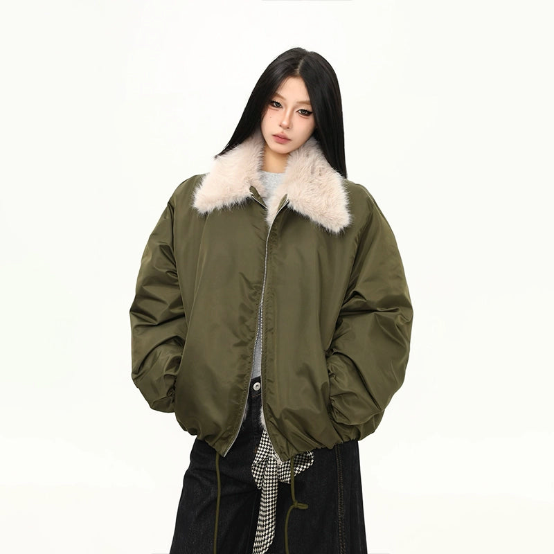 Olive Frost Faux Fur Collar Bomber Jacket