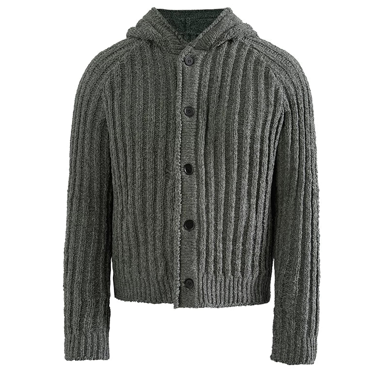 Ribbed Button-Up Knit Hoodie Cardigan