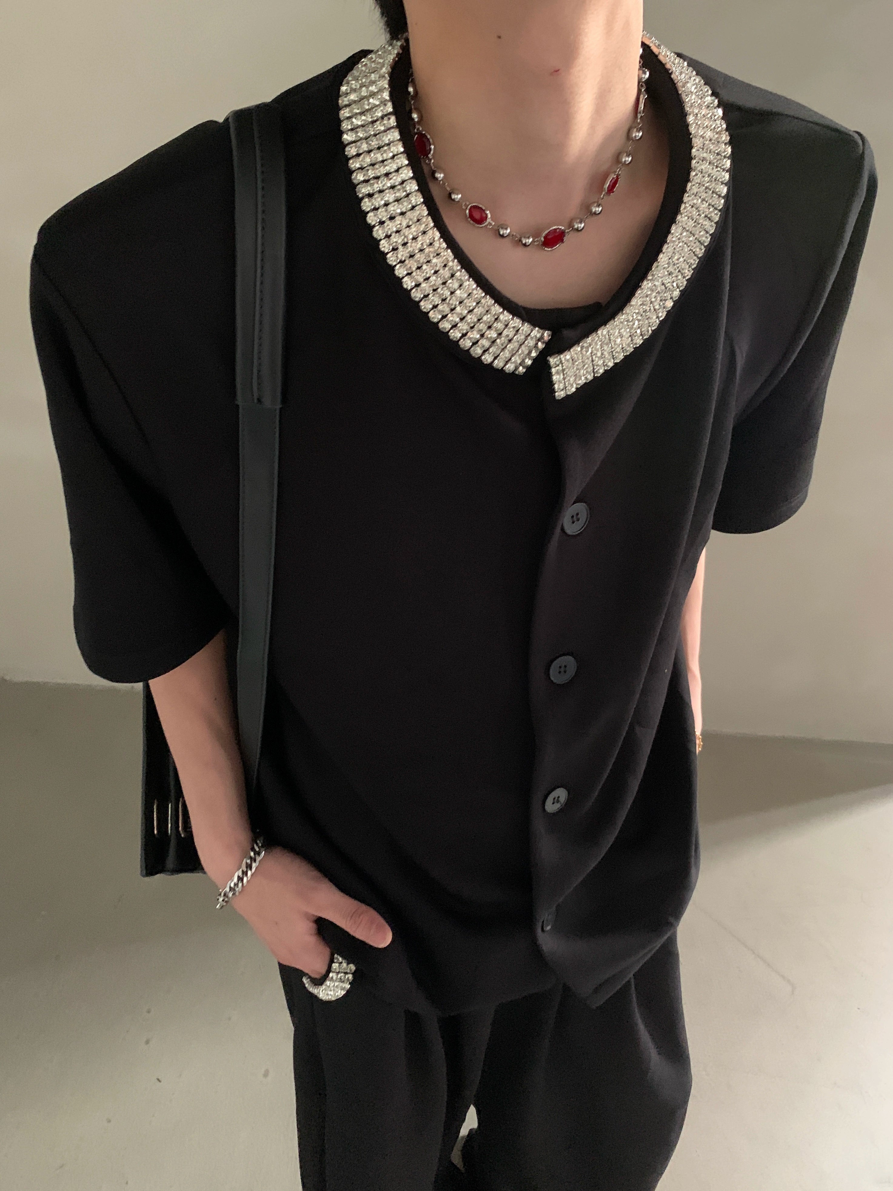 Black Short Sleeve Button-Up Shirt with Embellished Gem Collar