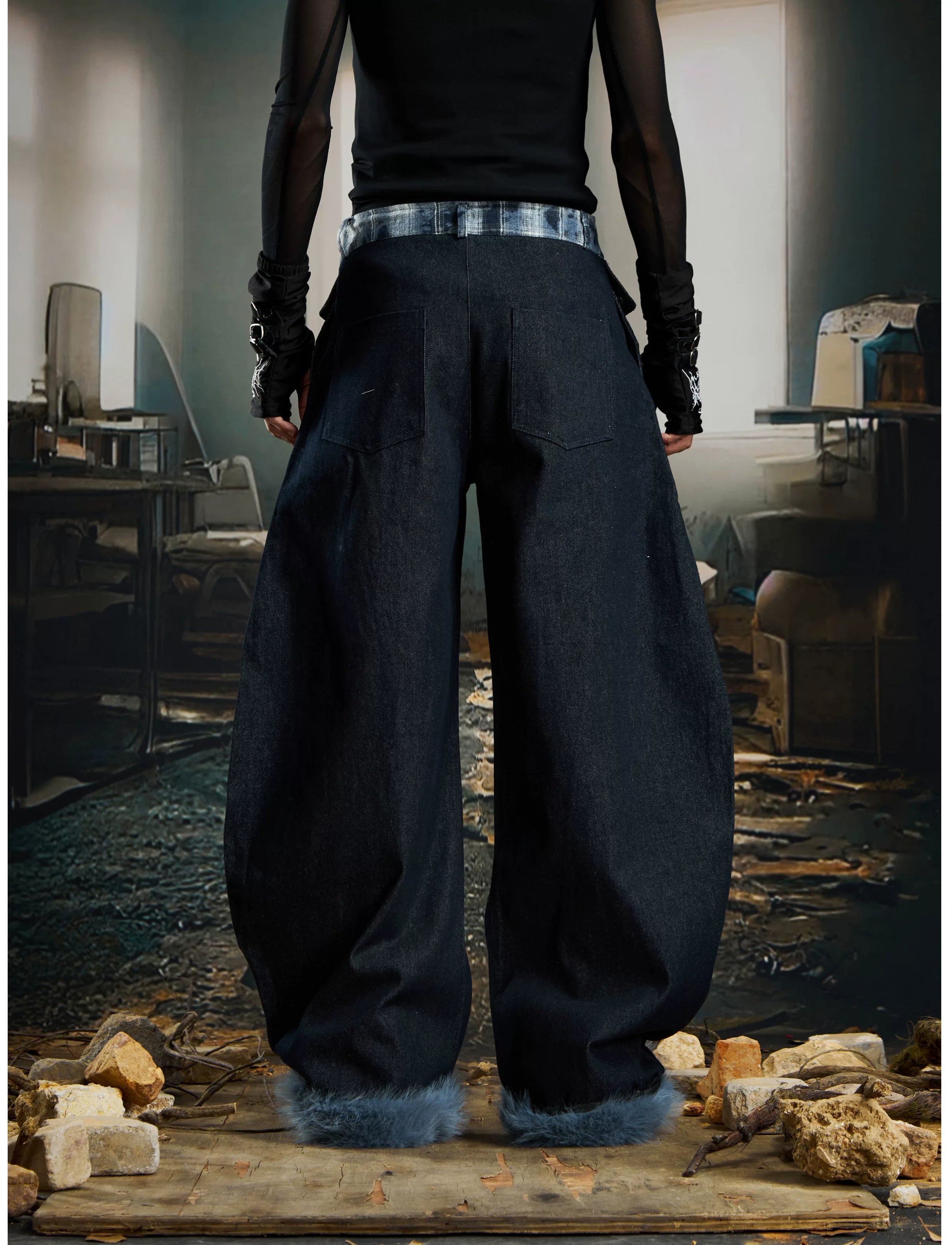 Cuff Flannel‑Trim Furry Hem Pants