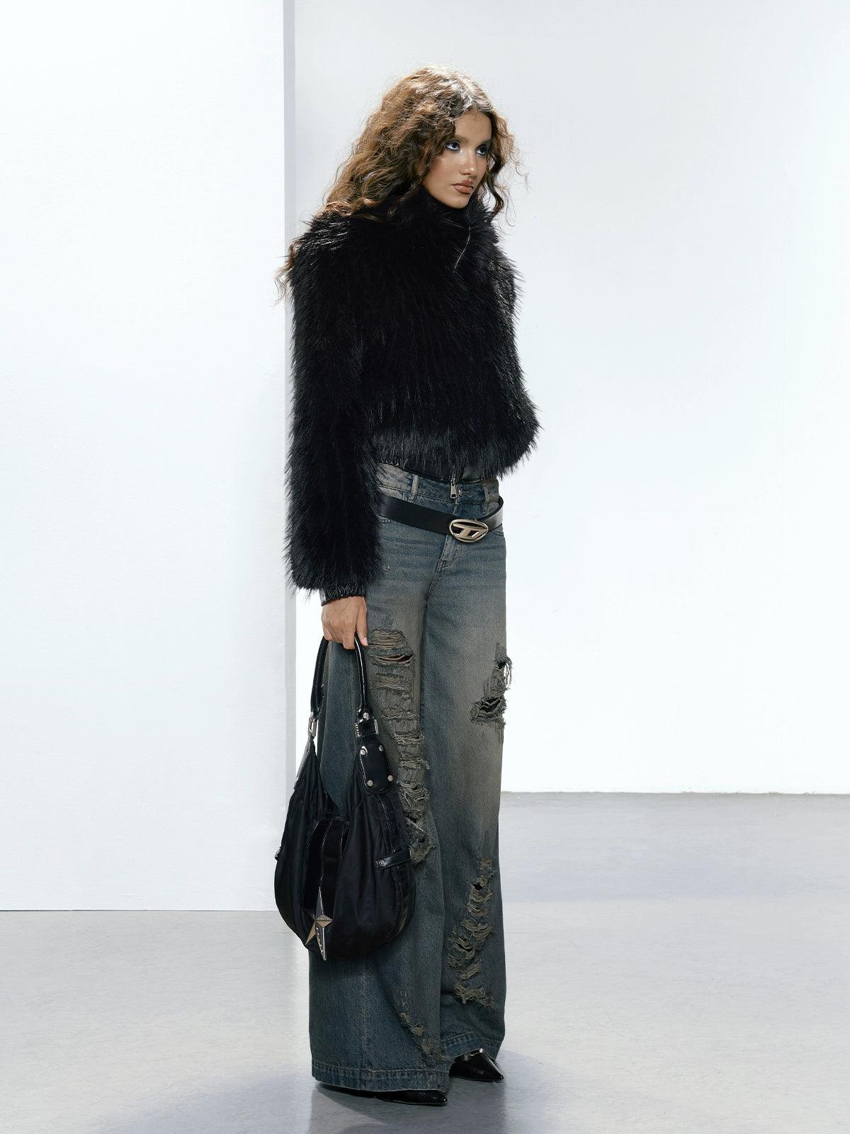 Strike A Pose Cropped Faux Fur Jacket - Women'S Black Shaggy Long-Sleeve Zip-Up Bolero Coat