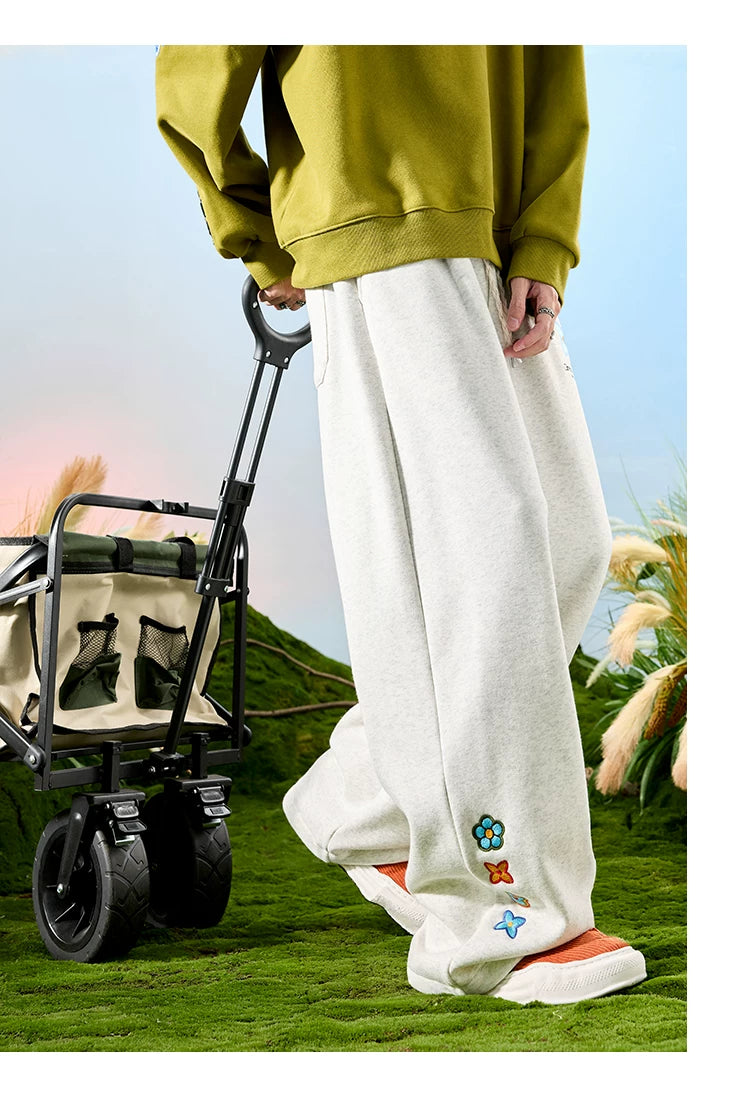 Embroidered Floral Drawstring Wide-Leg Sweatpants