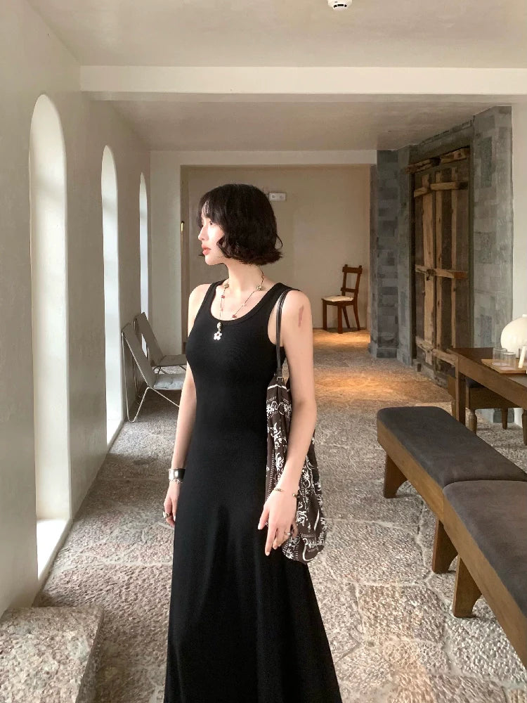 French Vintage Sleeveless Fitted Maxi Dress