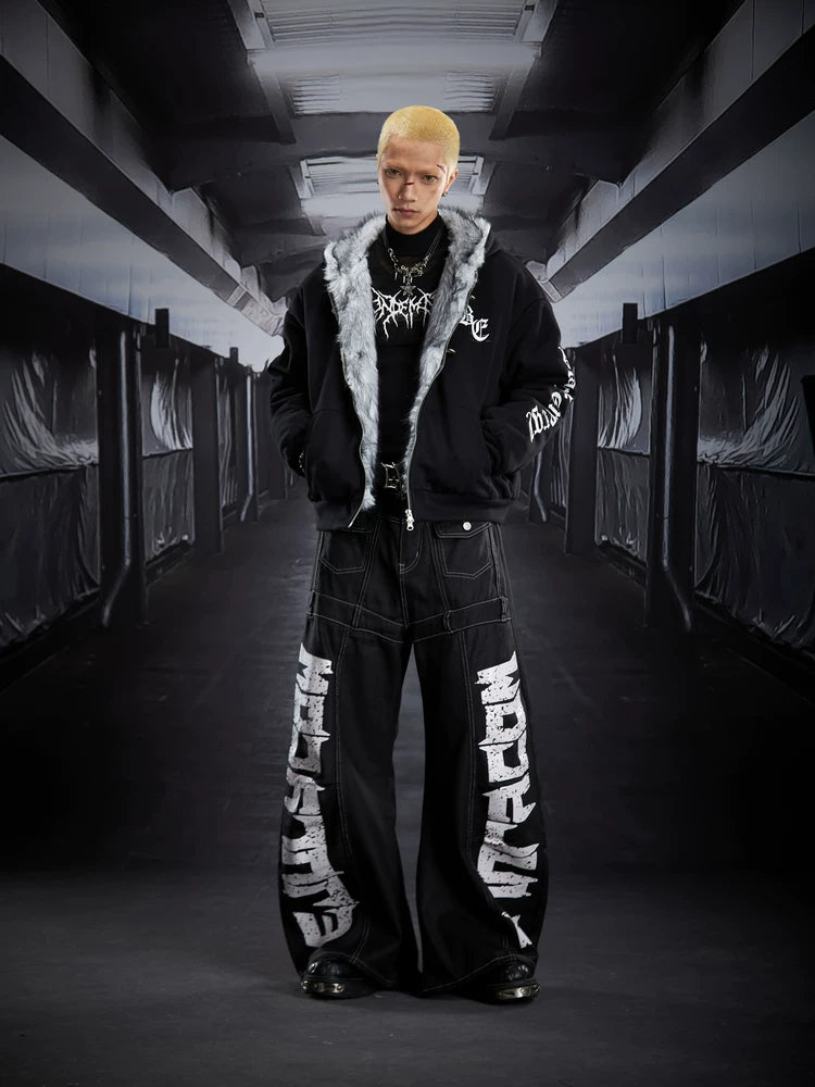 Wreckline Script Wide‑Leg Denim Pants
