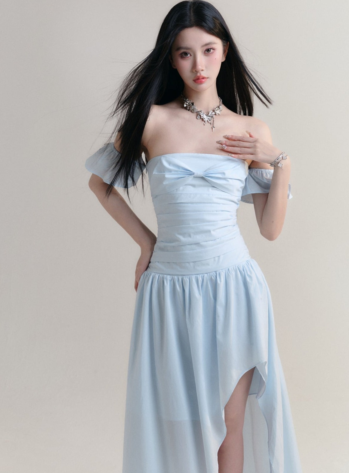 Pale Blue Off-Shoulder Ruched Maxi Dress with Asymmetrical Hem