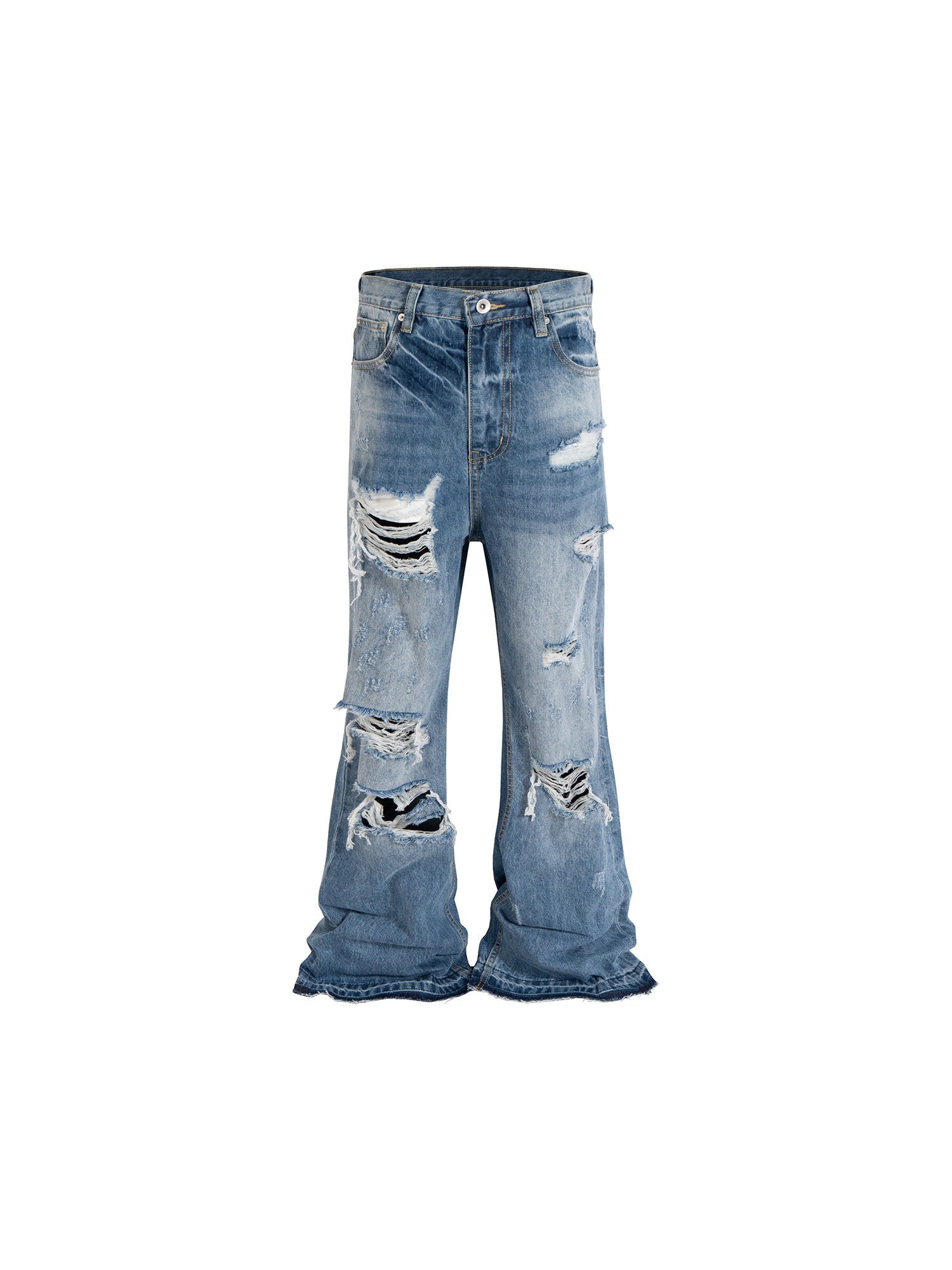 Men's Cutout Distressed Fringe Whisker Stacked Flare Jeans