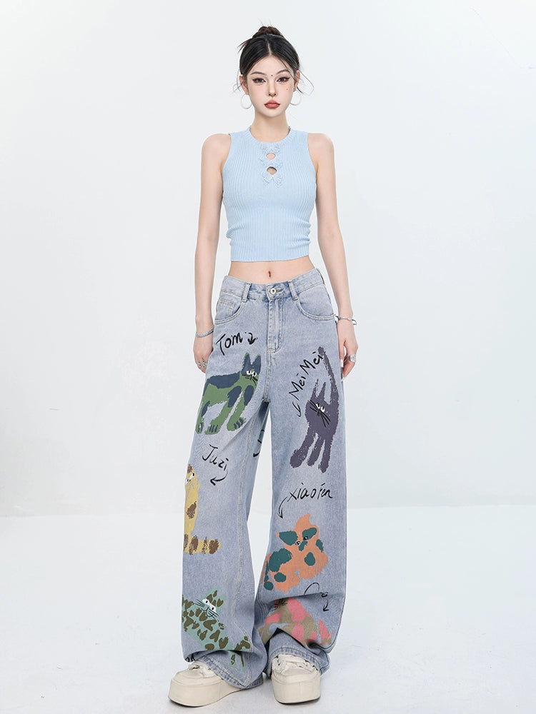 ABWEAR Whimsical Critter Doodle Wide-Leg Jeans