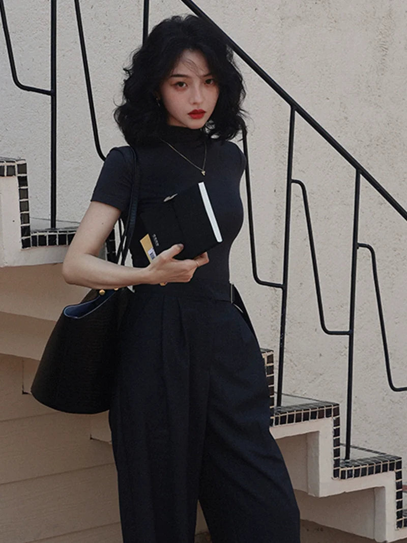 Black Short Sleeve Mock Neck Top