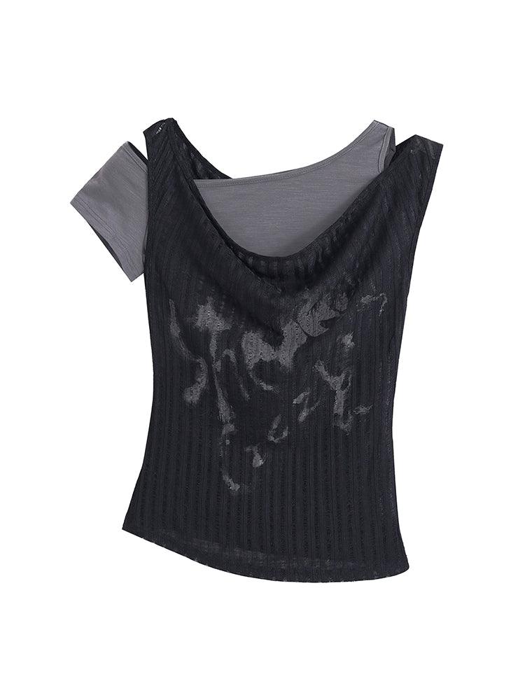 Cest Nous Black Asymmetric Cold Shoulder Top - Women'S Ribbed Graphic Print Cowl Neck Blouse