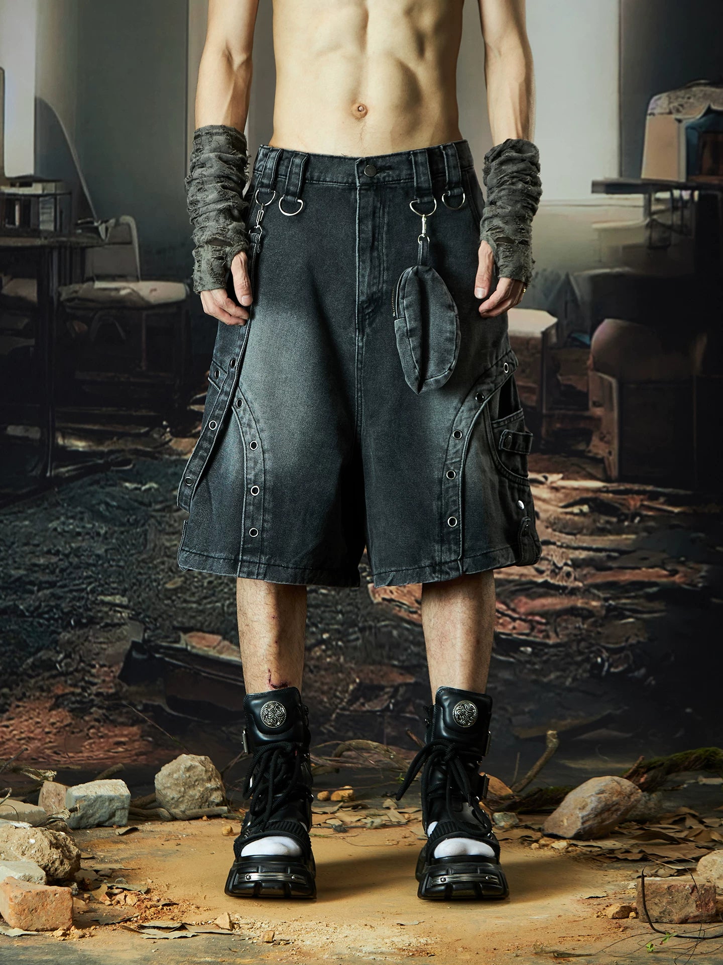Wasteland Harness Cargo Denim Shorts