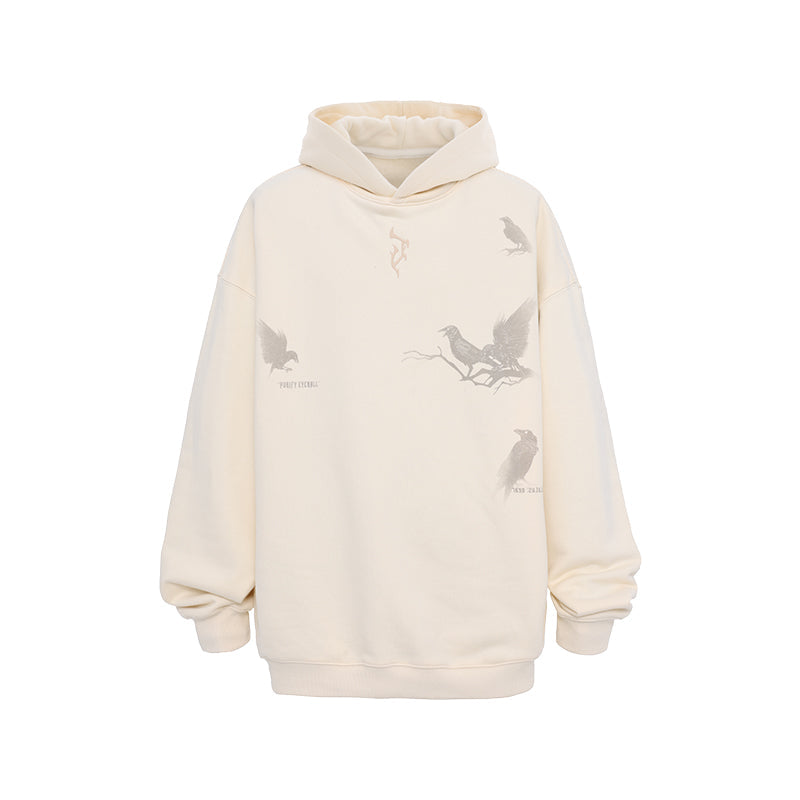 Flying Bird Print Hoodie with Embroidered Logo - chiclara