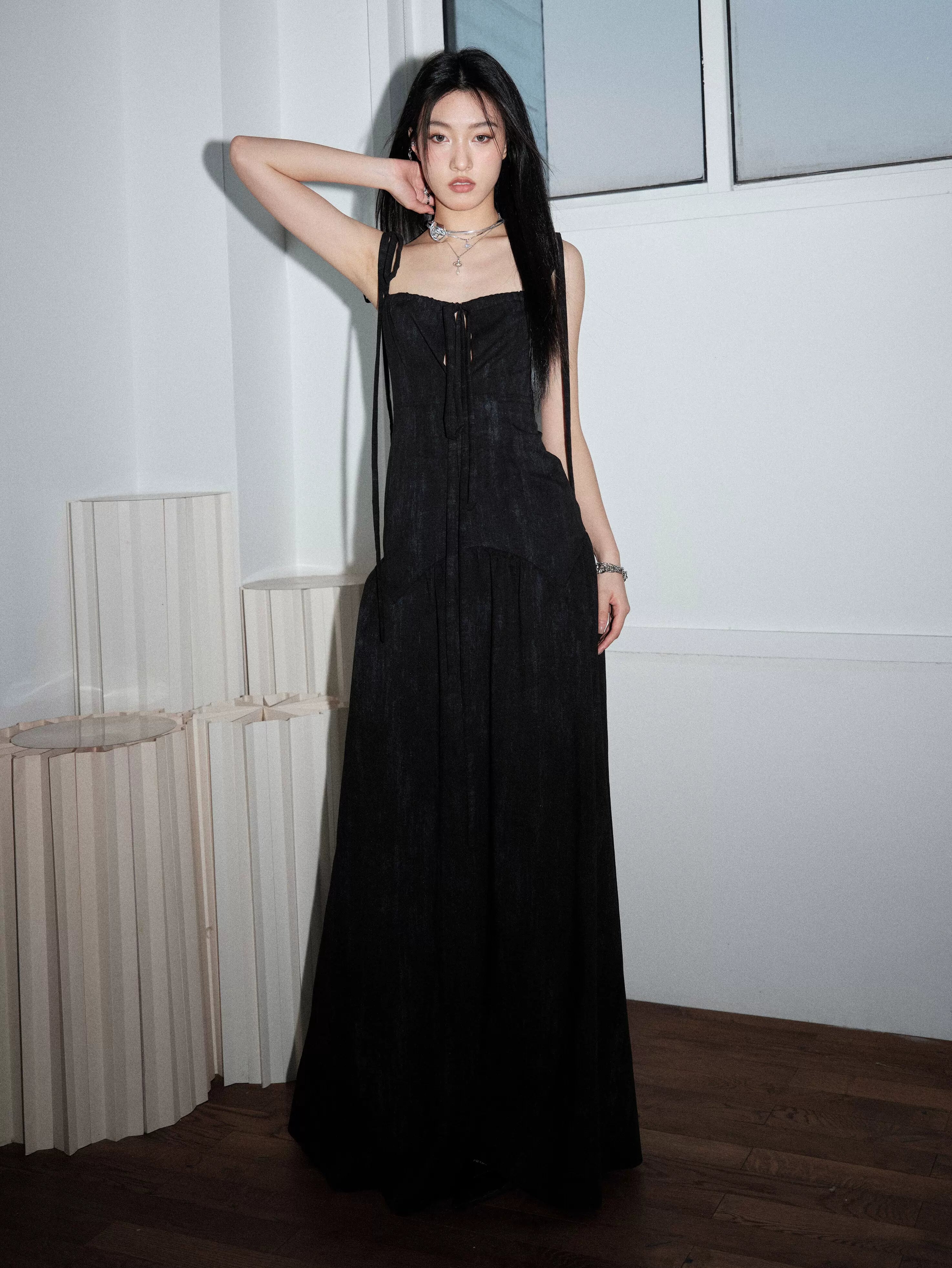 Black Ribbon-Strap Corset Maxi Dress