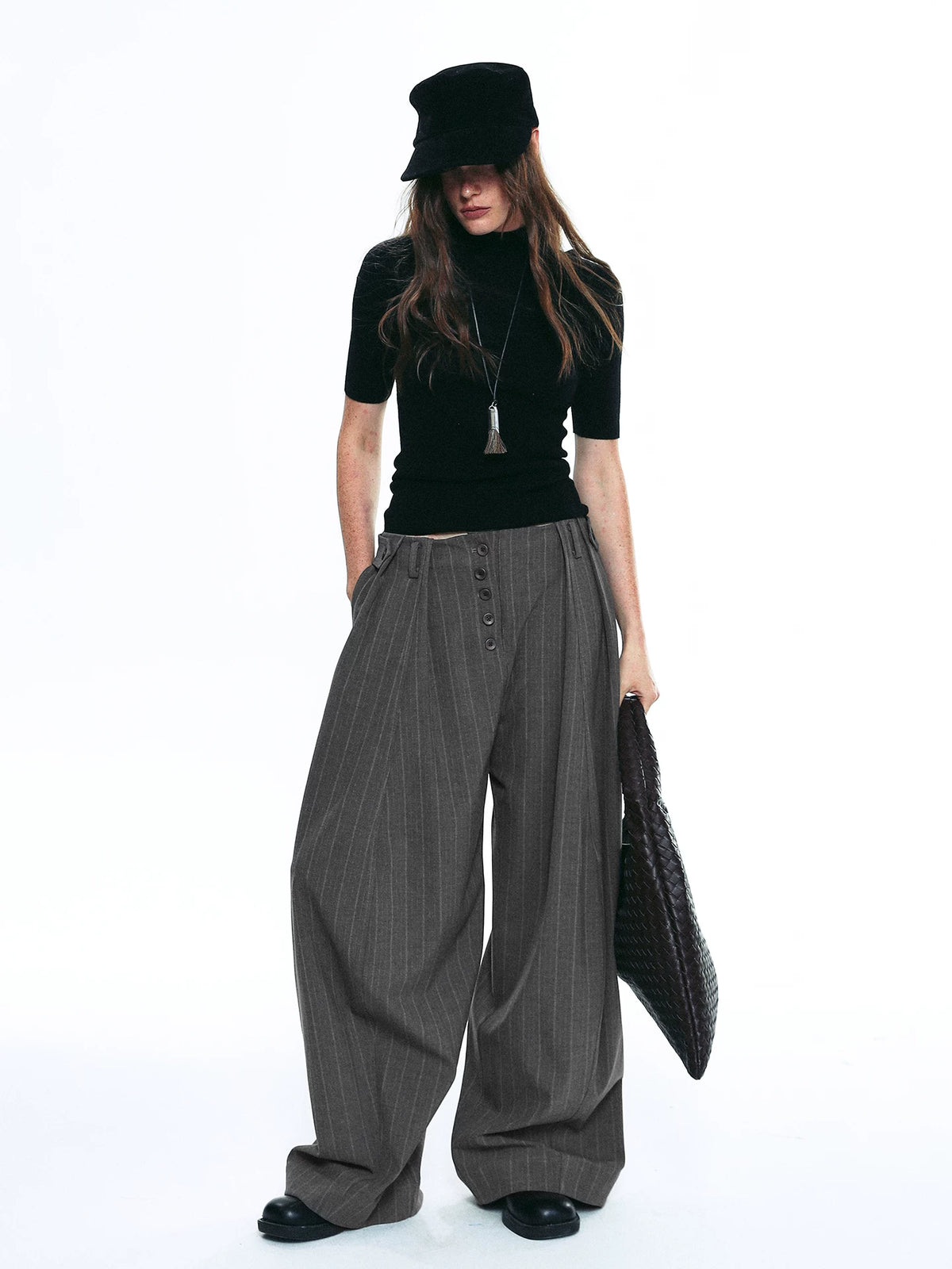 Exposed Button Pinstripe Wide Trousers