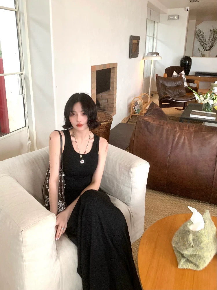 French Vintage Sleeveless Fitted Maxi Dress