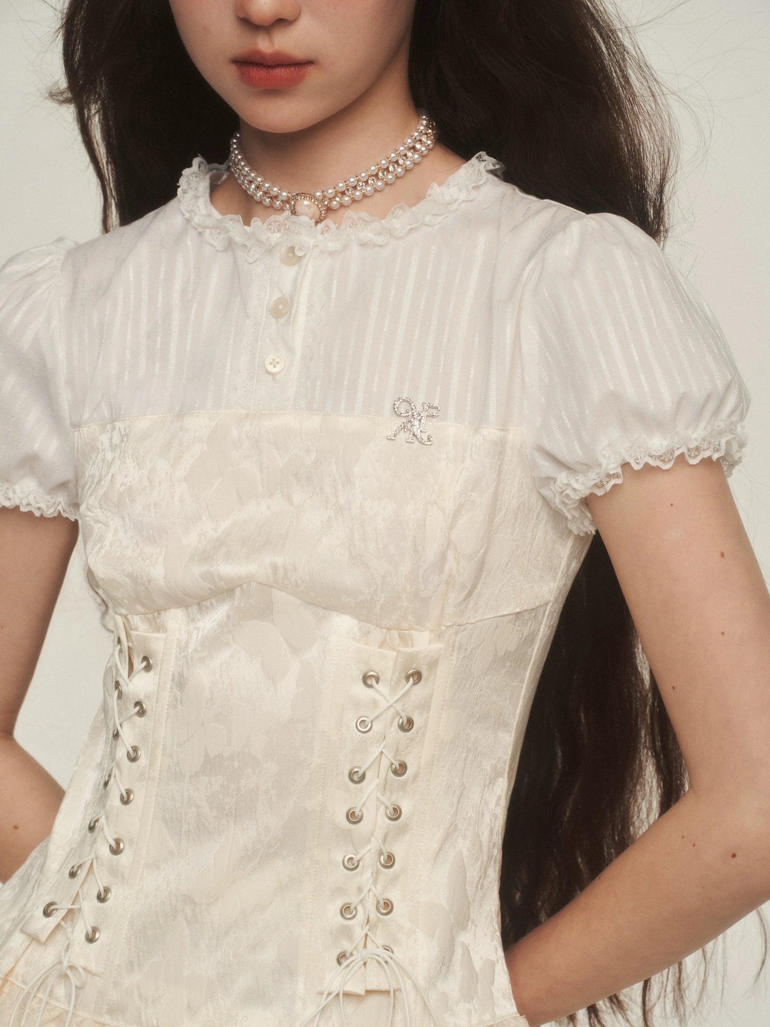 Victorian Style Corset Blouse with Puff Sleeves and Lace Trim