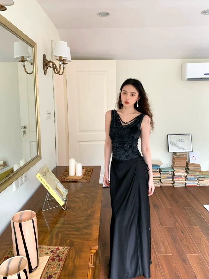 Lace-Up Satin Wrap Maxi Skirt