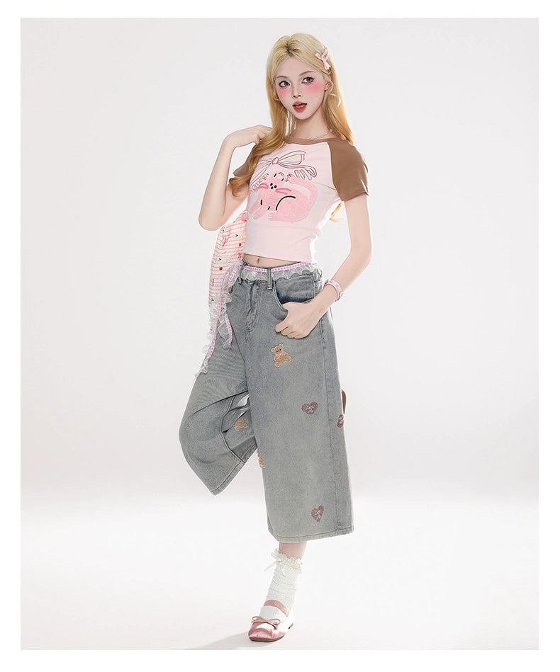 Teddy Bear and Heart Print Culottes