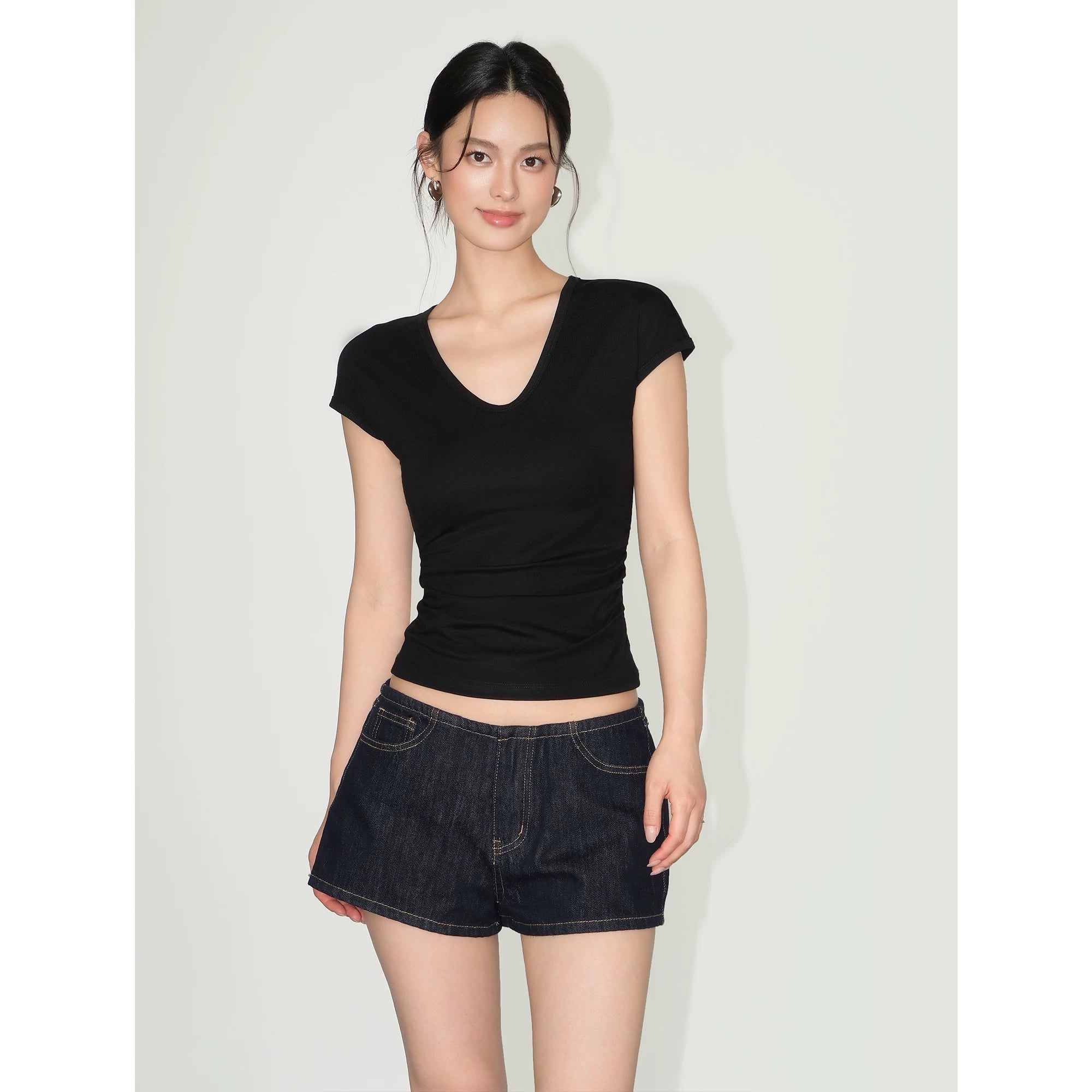 Soft Curve Ruched V‑Neck Tee