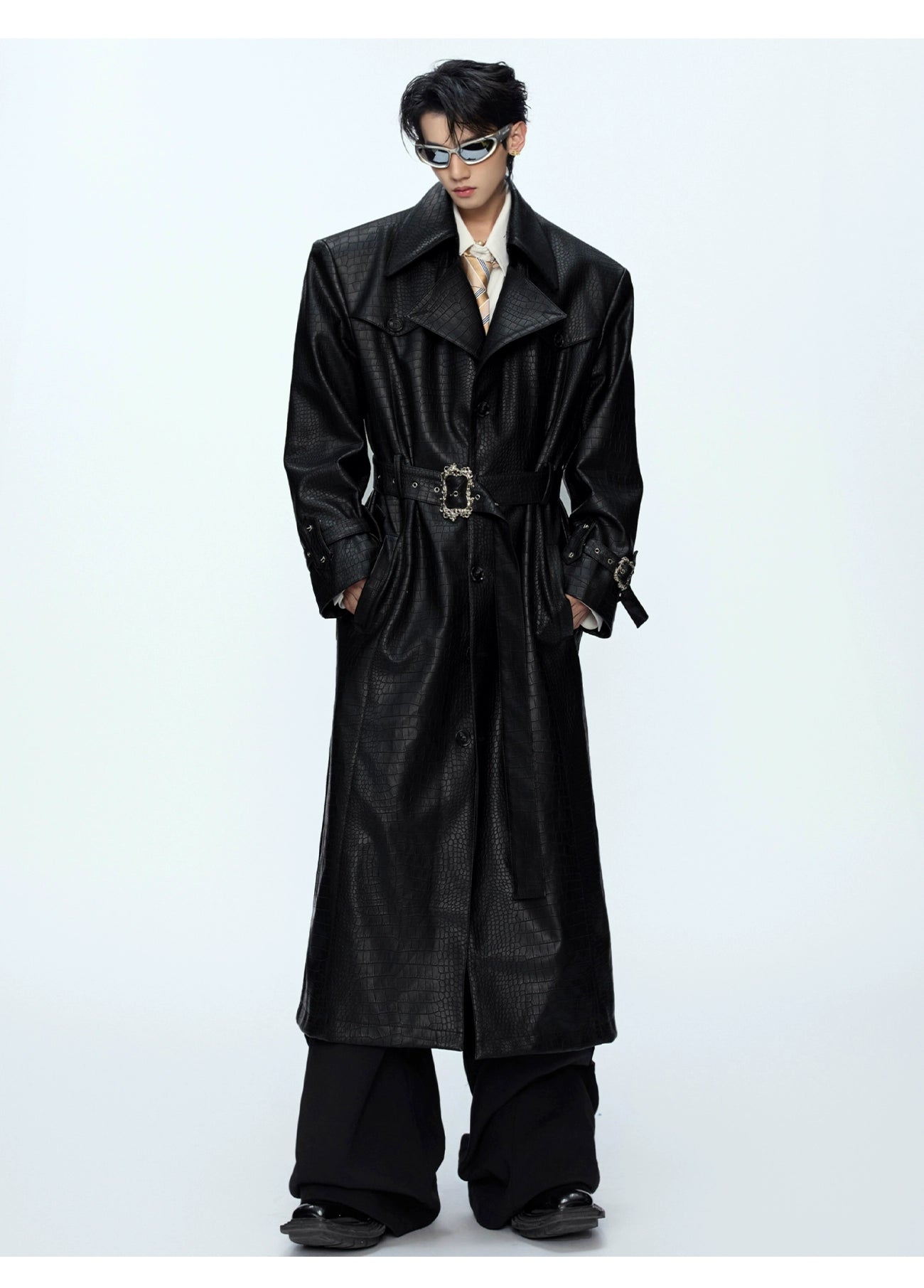 Crocodile Pattern Black Trench Coat