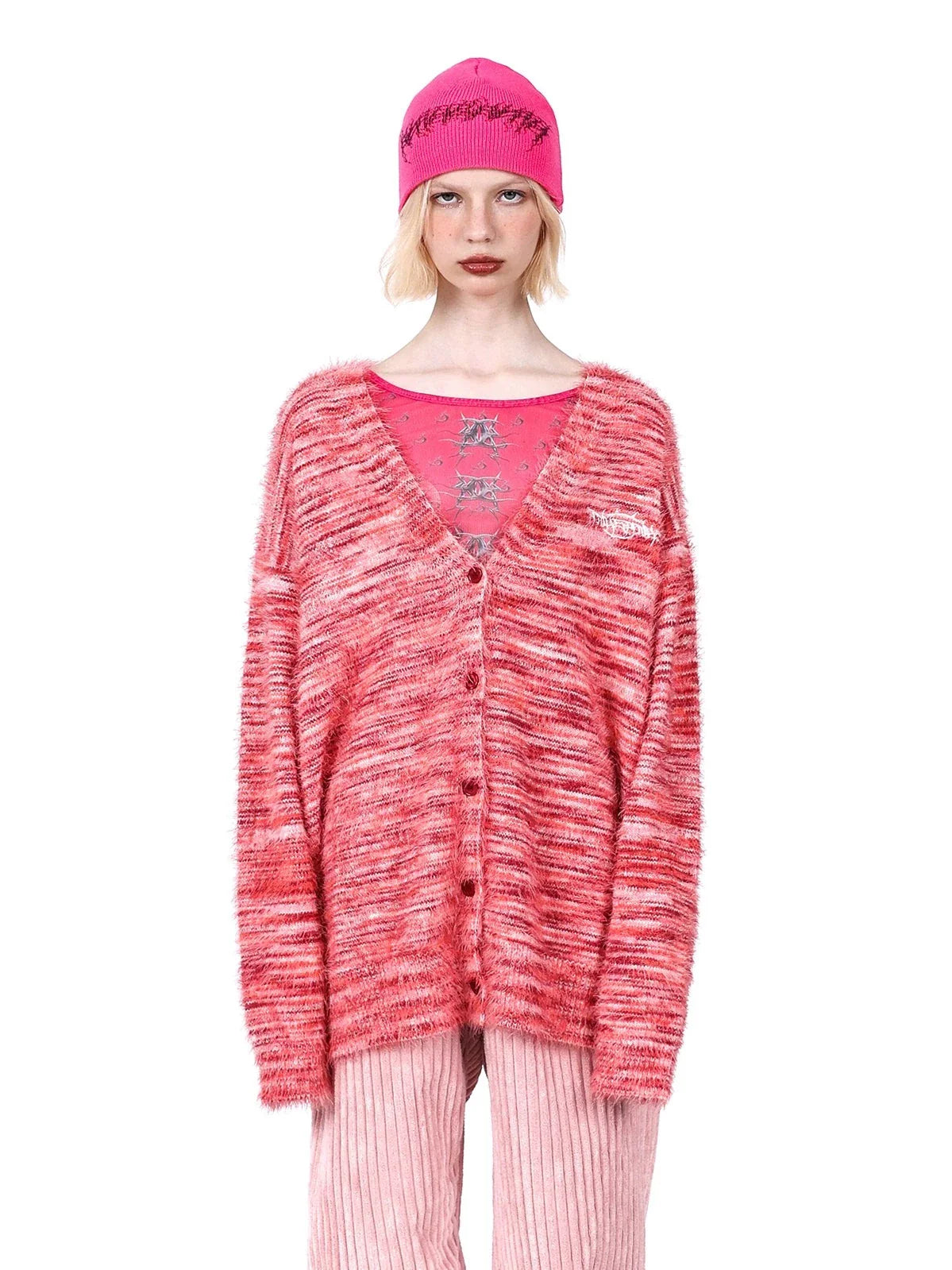 PINKSPINK Fuzzy Marled Cardigan - Coral Pink