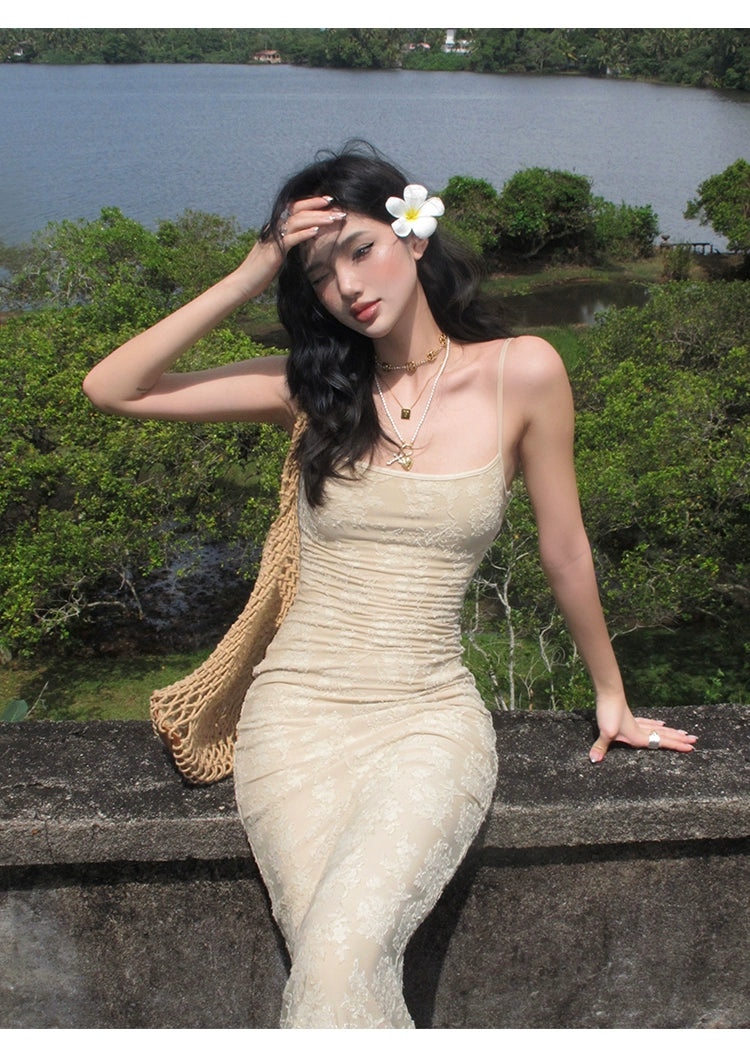 Beige Lace Mermaid Maxi Dress