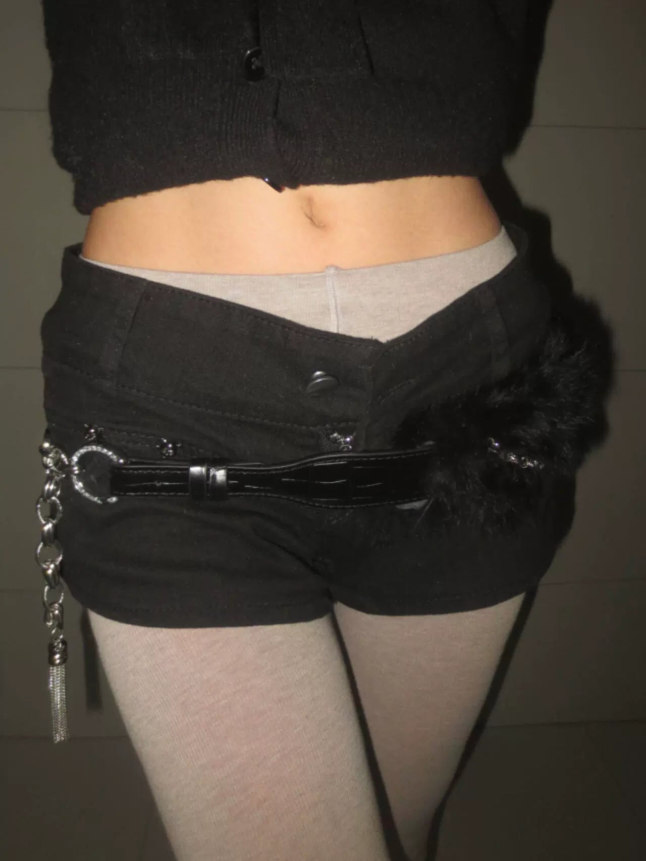 Black Rabbit Fur Crocodile Pattern Chain Belt