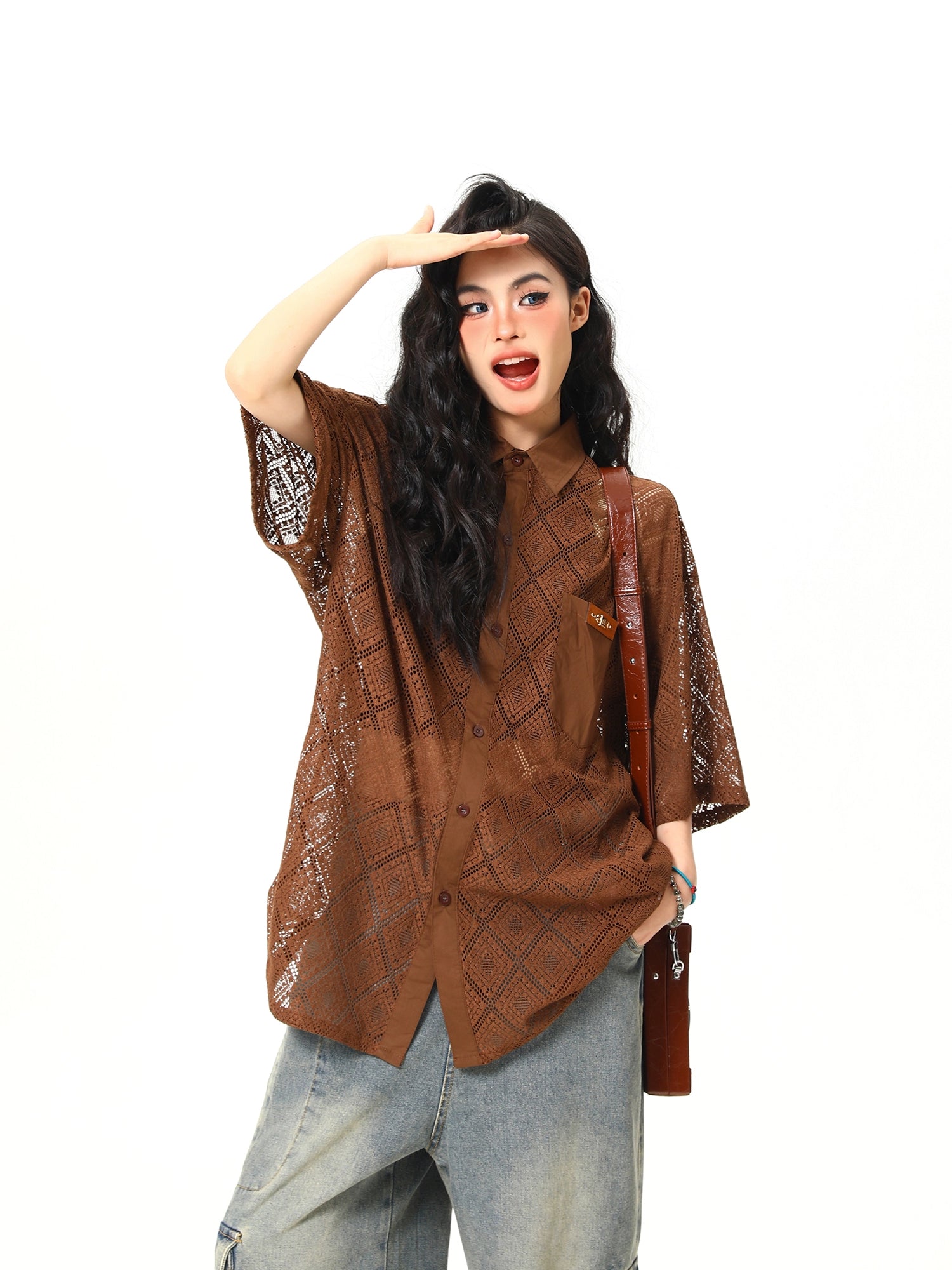 Sheer Geometric Lace Button-Up Shirt