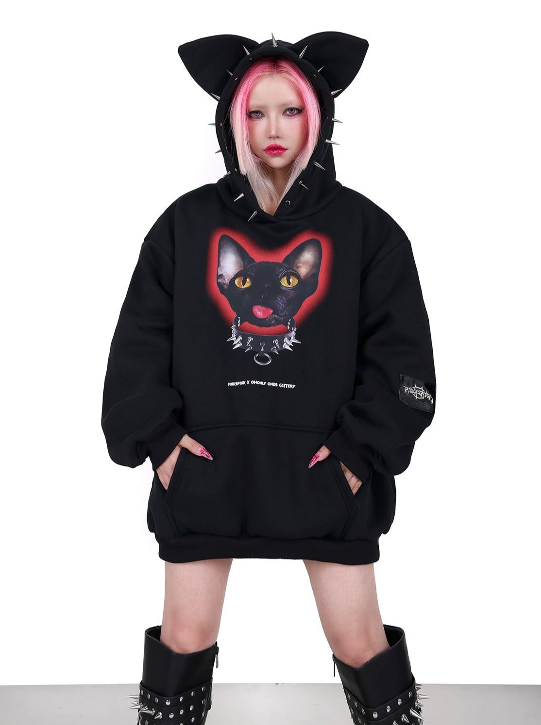 PINKSPINK Spiked Cat-Ear Hoodie - Black with Gothic Cat Print