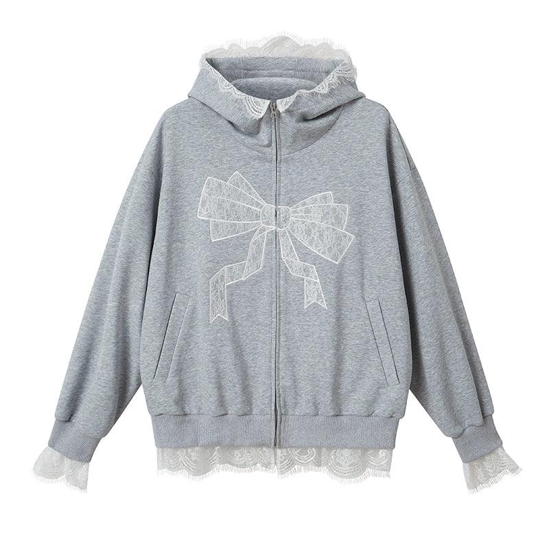トップス tie.me button up sweatshirt-GRAY DIDDI MODA Women's Bow Print Hoodie - Gray Zip-Up Sweatshirt
