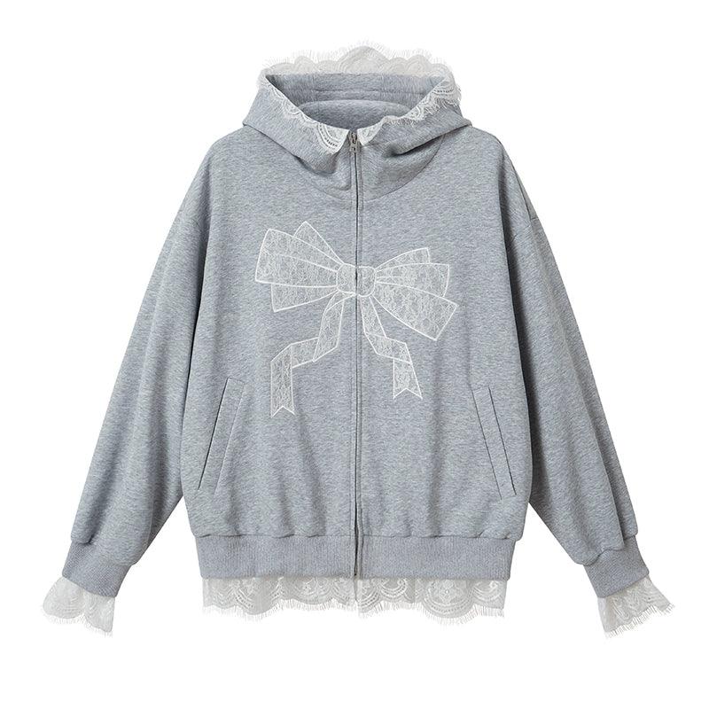 Diddi Moda Women'S Bow Print Hoodie - Gray Zip-Up Sweatshirt With Lace Trim And Graphic Design