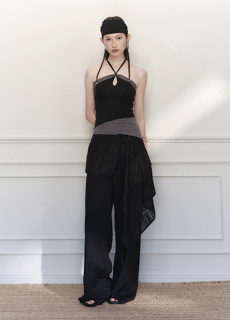 Embroidered Wrap Skirt Wide-Leg Trousers
