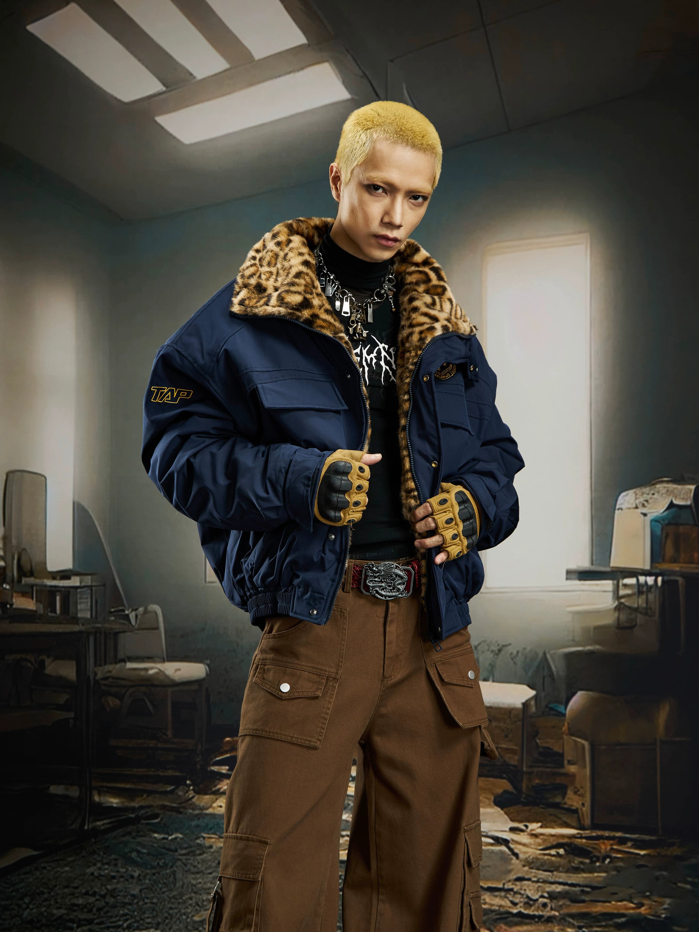 Ember Prowl Leopard‑Collar Bomber Jacket