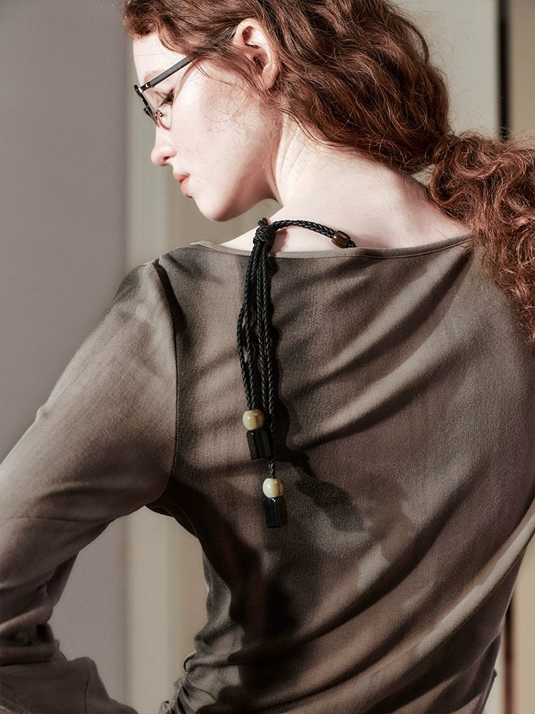 Asymmetrical Sheer Long Sleeve Top with Beaded Strap