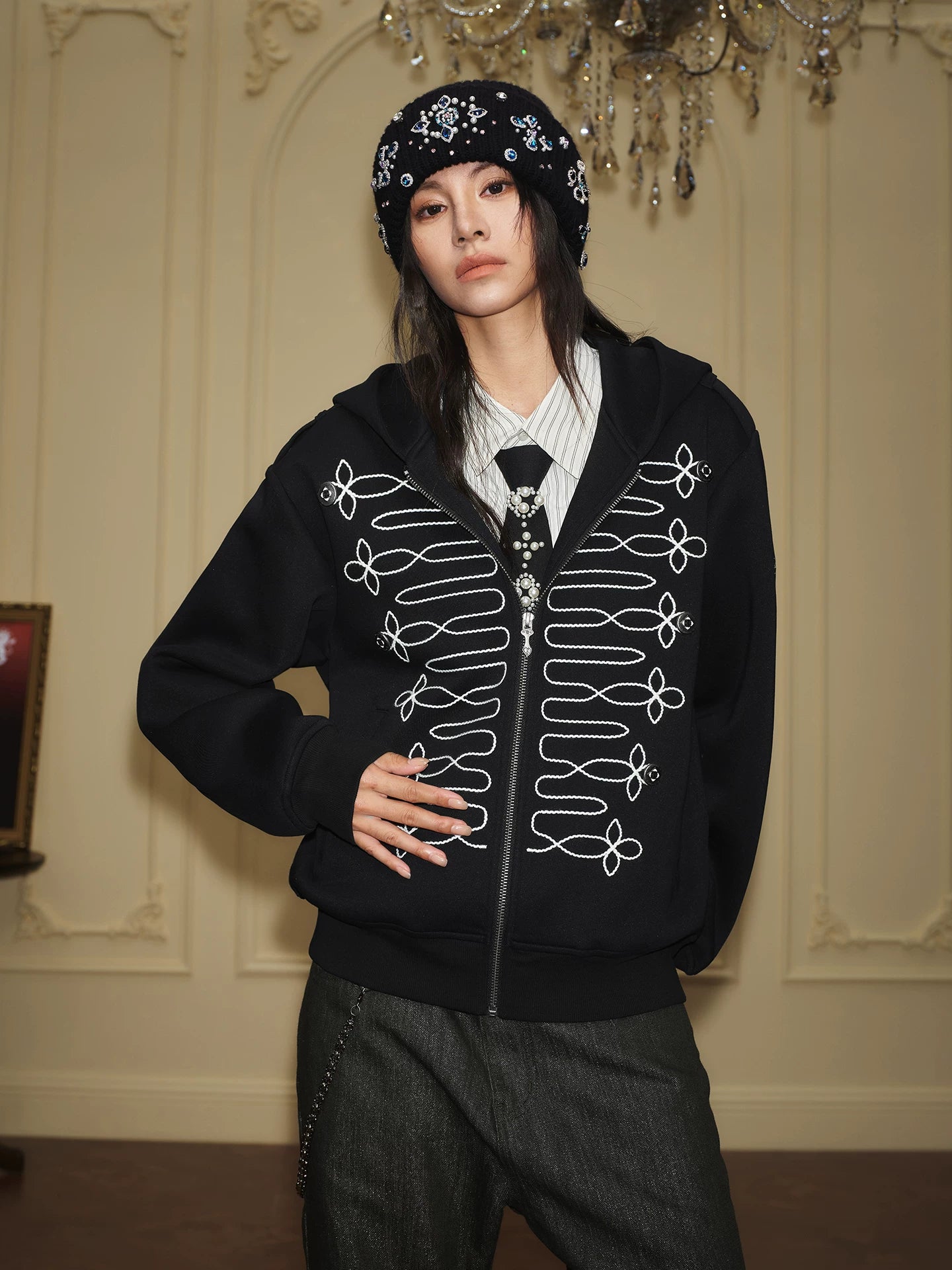 Black Military Embroidered Zip-Up Hoodie