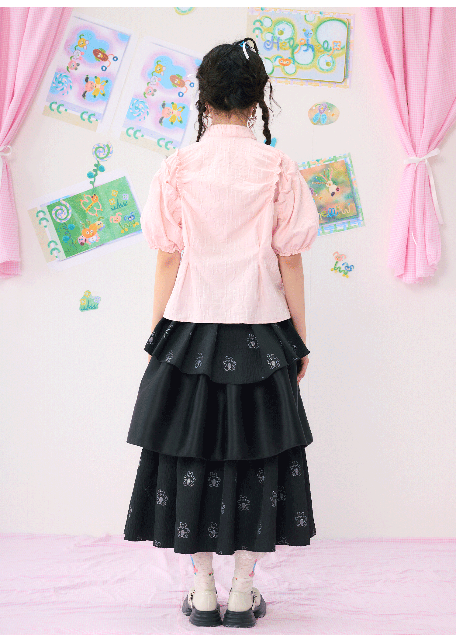 Pink Ruffle Collar Blouse with Bow Detail