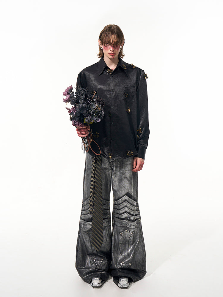Floral Appliqué Satin Shirt