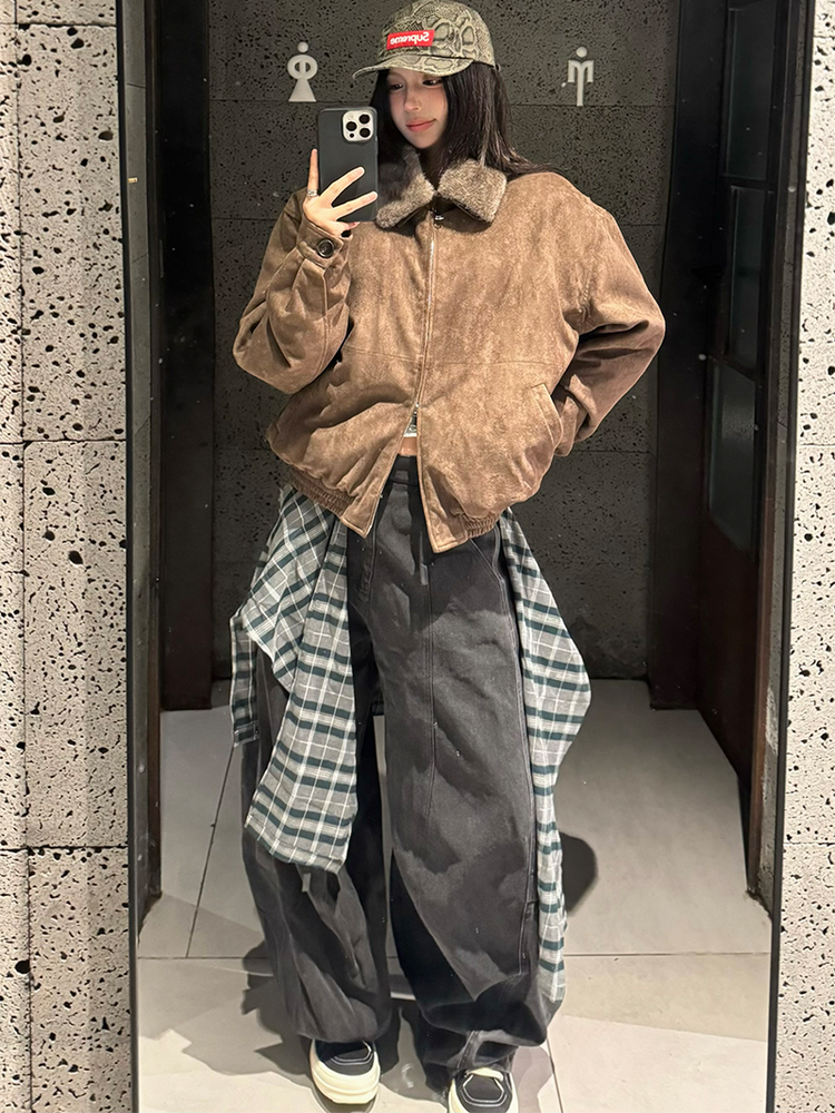 Layered Plaid Balloon Denim Pants