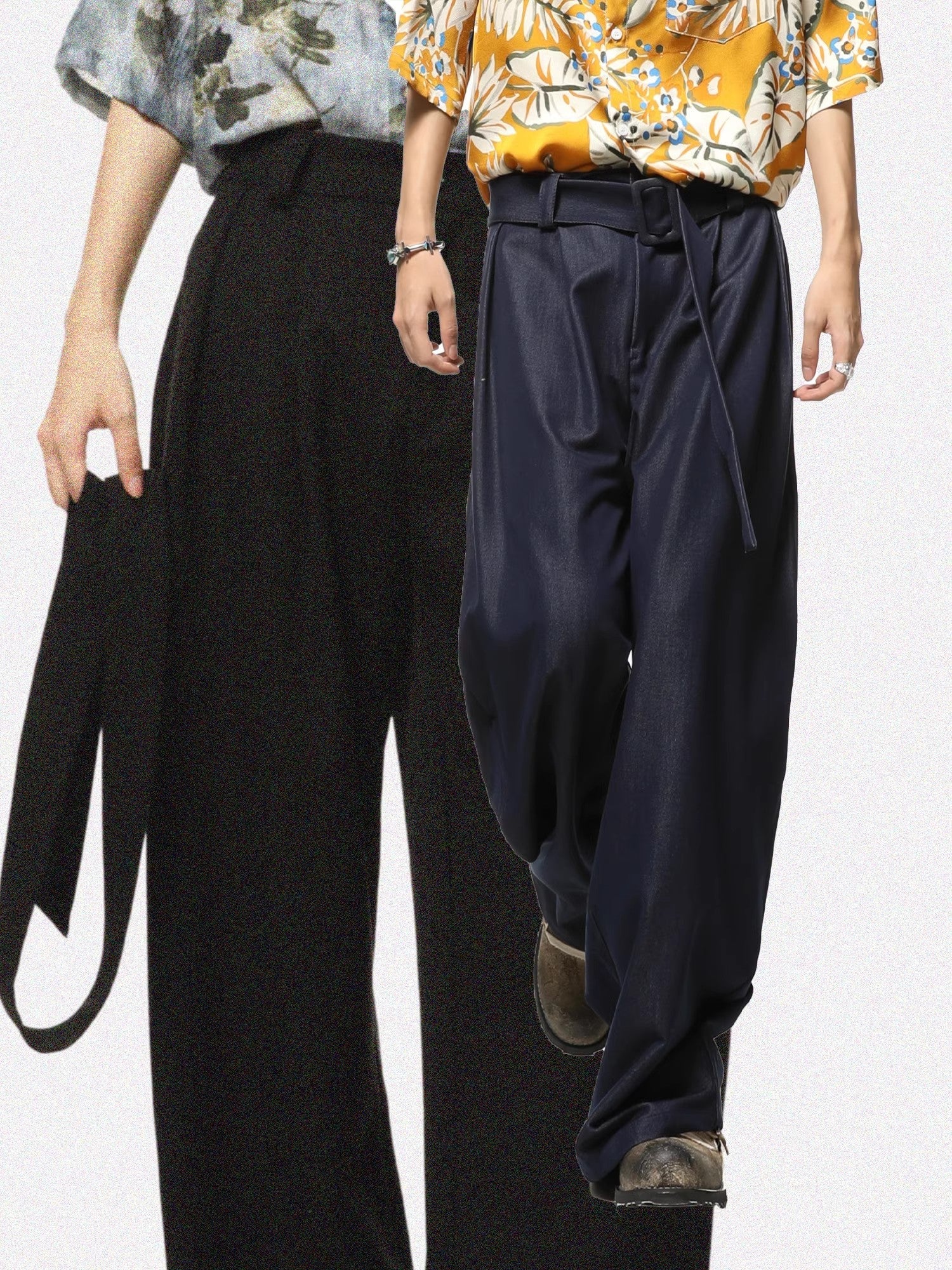 High-Waisted Wide-Leg Belted Trousers in Black