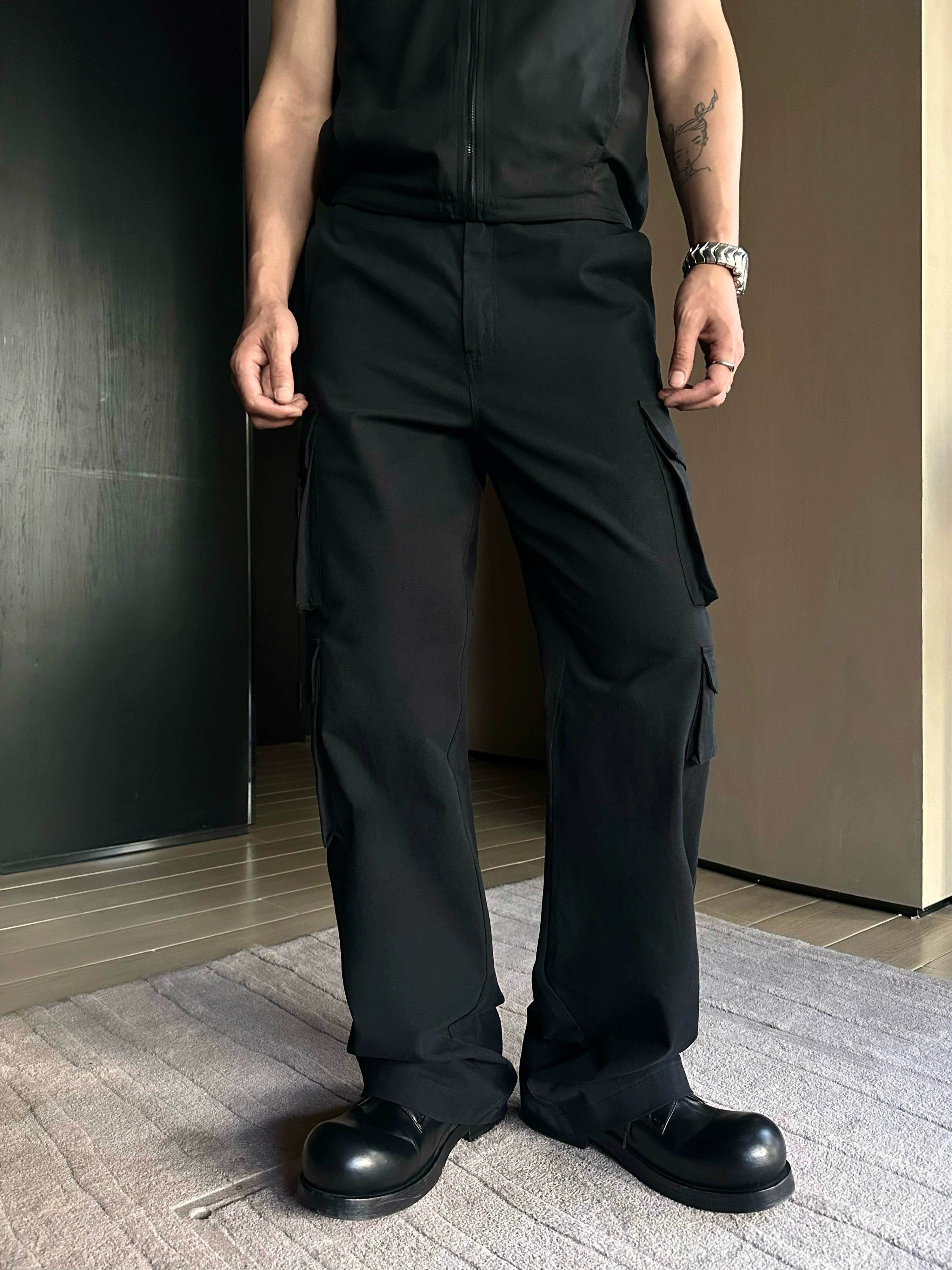 Wide Leg Black Tactical Cargo Pants