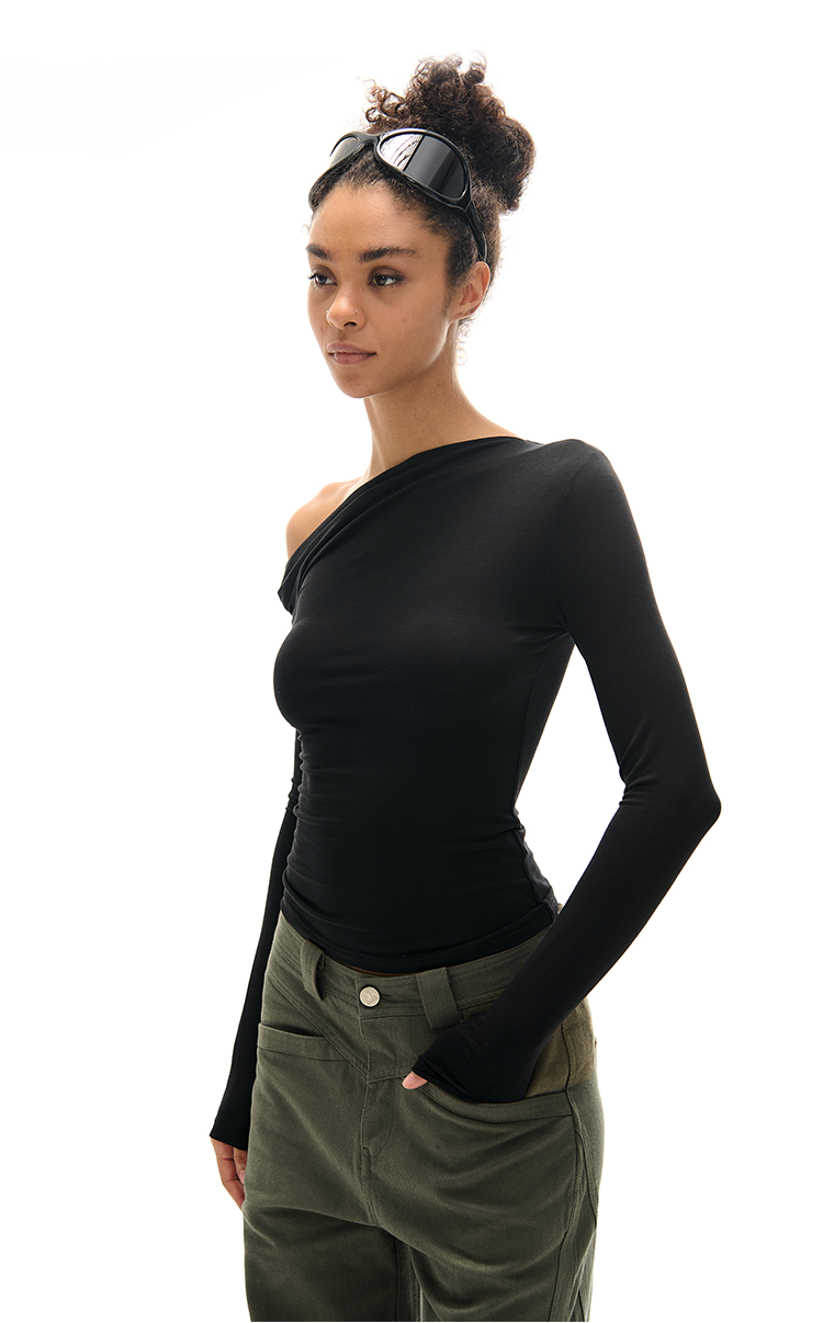 Asymmetrical Neckline Ruched Long Sleeve