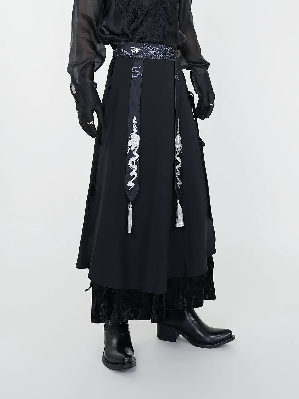 Serpent Sigil Layered Dragon-Tassel Hakama Skirt